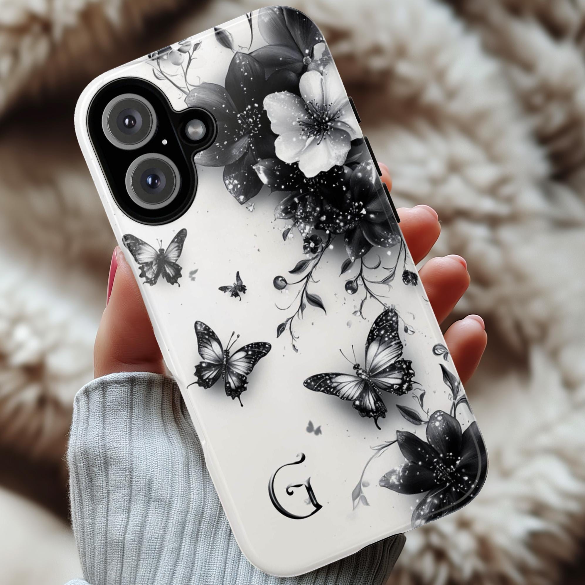 Black Floral Butterfly & Custom Monogram Phone Case, Personalized Monogrammed Design for iPhone 16 15 14 Tough or Magsafe, Samsung, 469.3