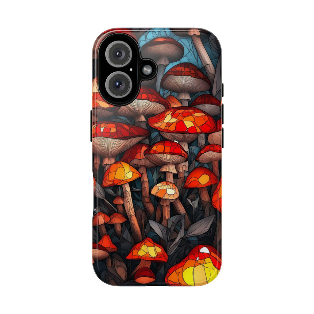 Stained Glass Autumn Mushrooms in the Forest Phone Case, Fall Vibrant Colorful Mosaic Art Cover for iPhone 16 15 14, Samsung Galaxy, Pixel