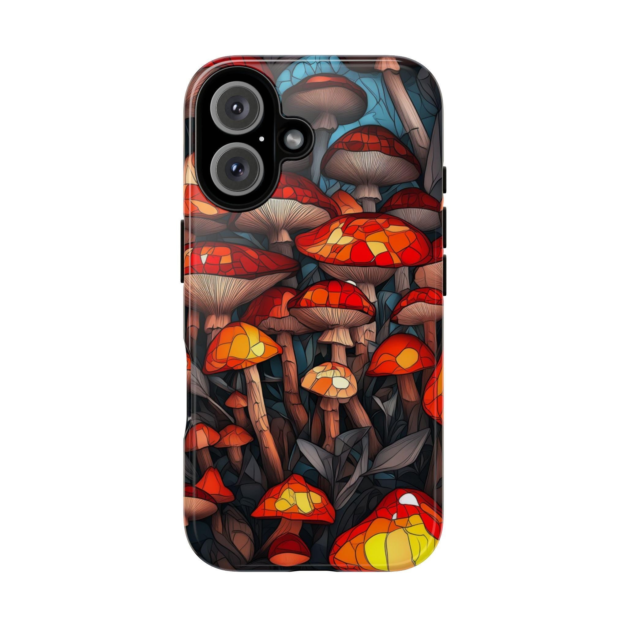Stained Glass Autumn Mushrooms in the Forest Phone Case, Fall Vibrant Colorful Mosaic Art Cover for iPhone 16 15 14, Samsung Galaxy, Pixel