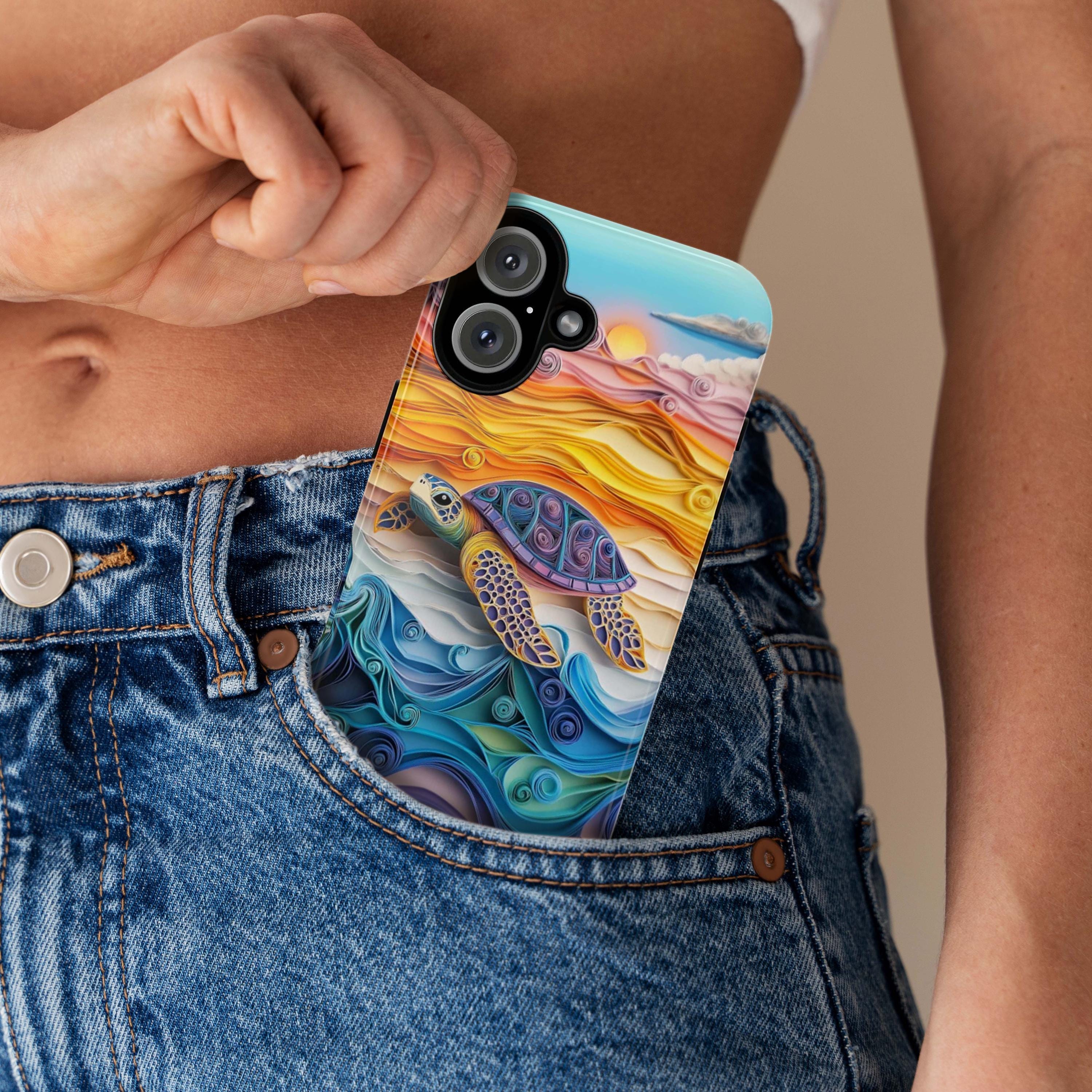 Sea Turtle Phone Case, Vibrant Rainbow Ocean & Sunset Quilling-inspierd Art Cover for iPhone 16 15 Tough or Magsafe, Samsung S25, 455.18