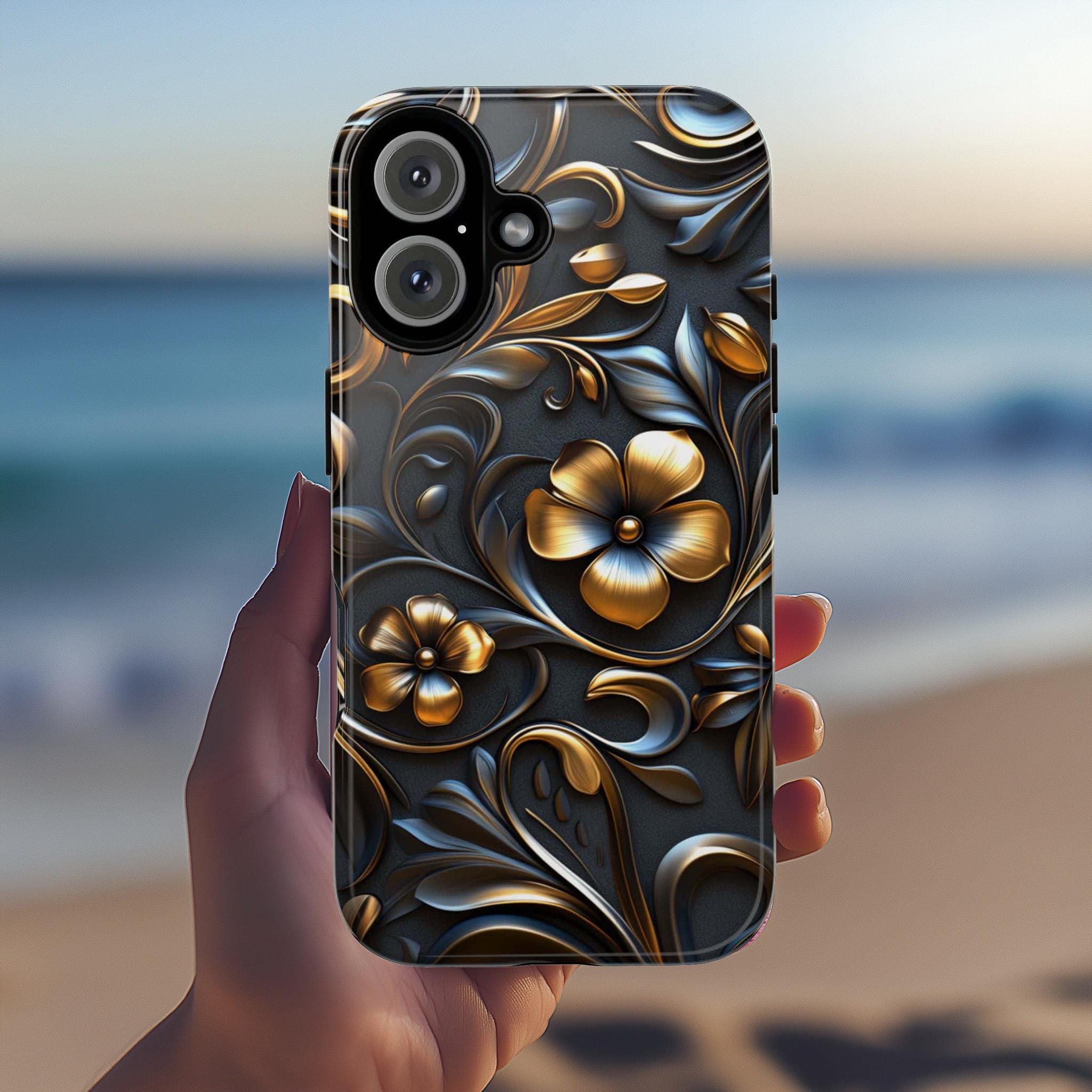 3D Gothic Gold Black Floral Phone Case - Dark Night Flowers Case fit for iPhone 16 Pro Max 15 14 13 12 Plus, Samsung S25 Ultra Plus, 428.1