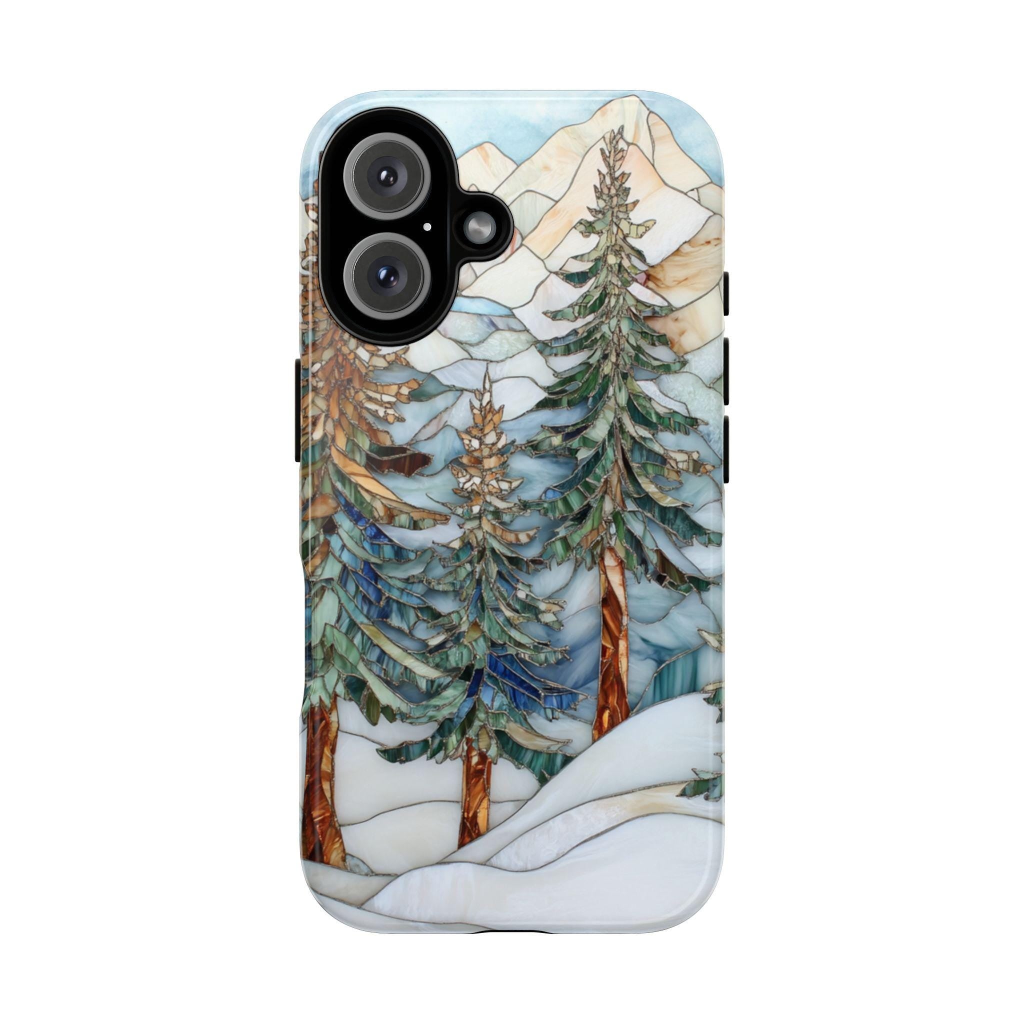 Winter Landscape Pine Trees Stained Glass Effect Phone Case, Xmas Phone Cover for iPhone 16 15 14 13 Pro Max Plus Magsafe, Galaxy S25, 420.2