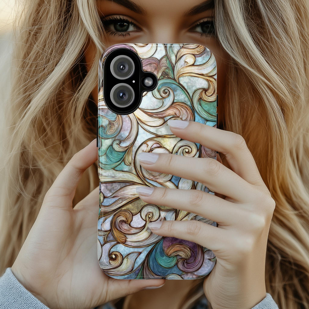 Pastel Abstract Phone Case with Elegant Pattern, Stained Glass Style, Artistic Phone Cover for iPhone MagSafe and Tough Case, Samsung, 478.9