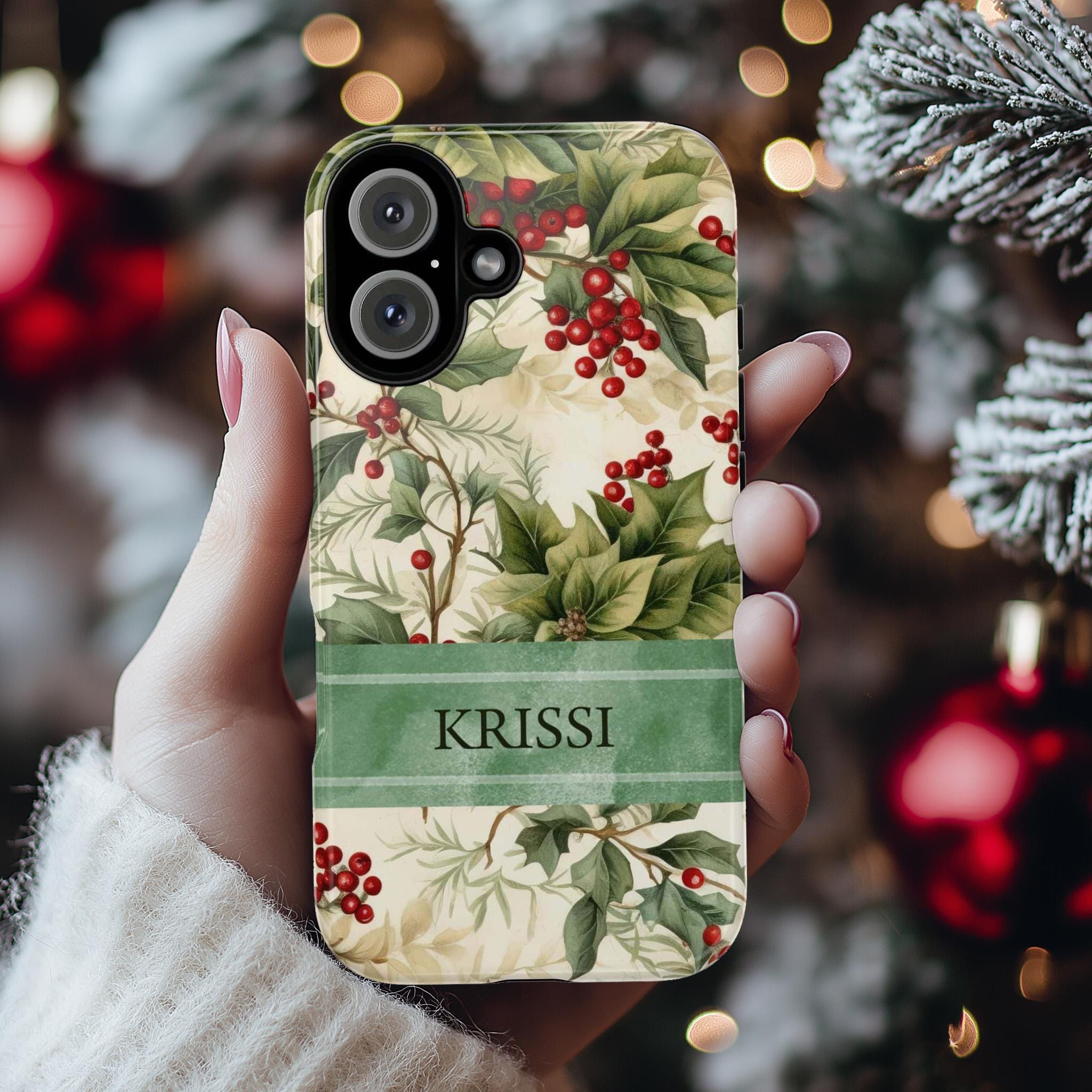 Personalized Xmas Phone Case Holiday Holly Phone Case, Custom Winter Phone Cover for iPhone 16 15 14 13  Pro Max Plus/Samsung S25, 107.2