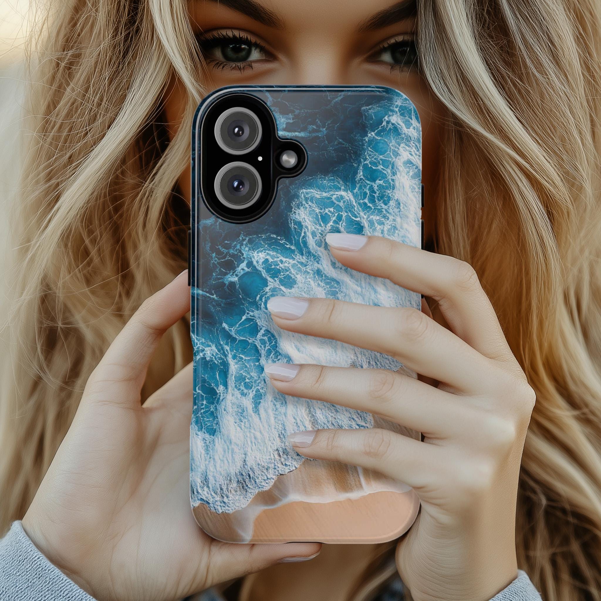 Ocean Wave & Beach Phone Case, Sea Foam and Sand Design, 3D Coastal Art Phone Case for iPhone 16 15 14 Magsafe, Samsung S25, 466.7