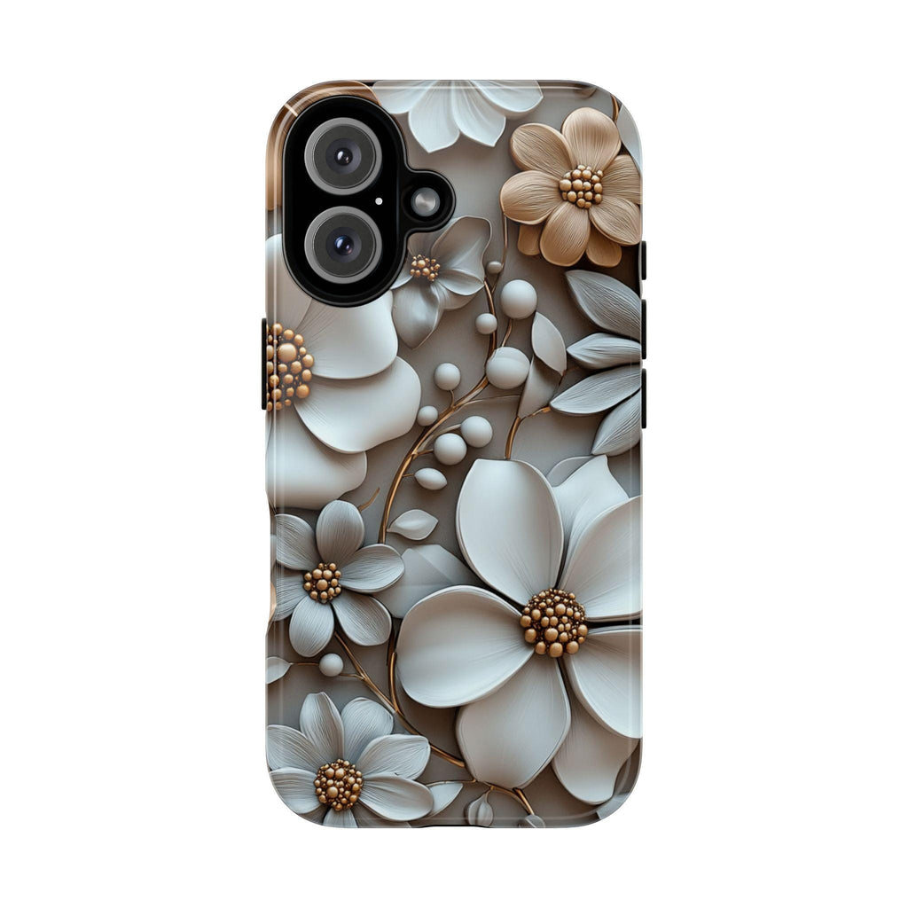 Pastel 3D Floral Art Phone Case, Beige Bloom 3D Design, Floral Garden Case for iPhone 16 15 14 13 Pro Max Plus Magsafe, Samsung S24, 439.4