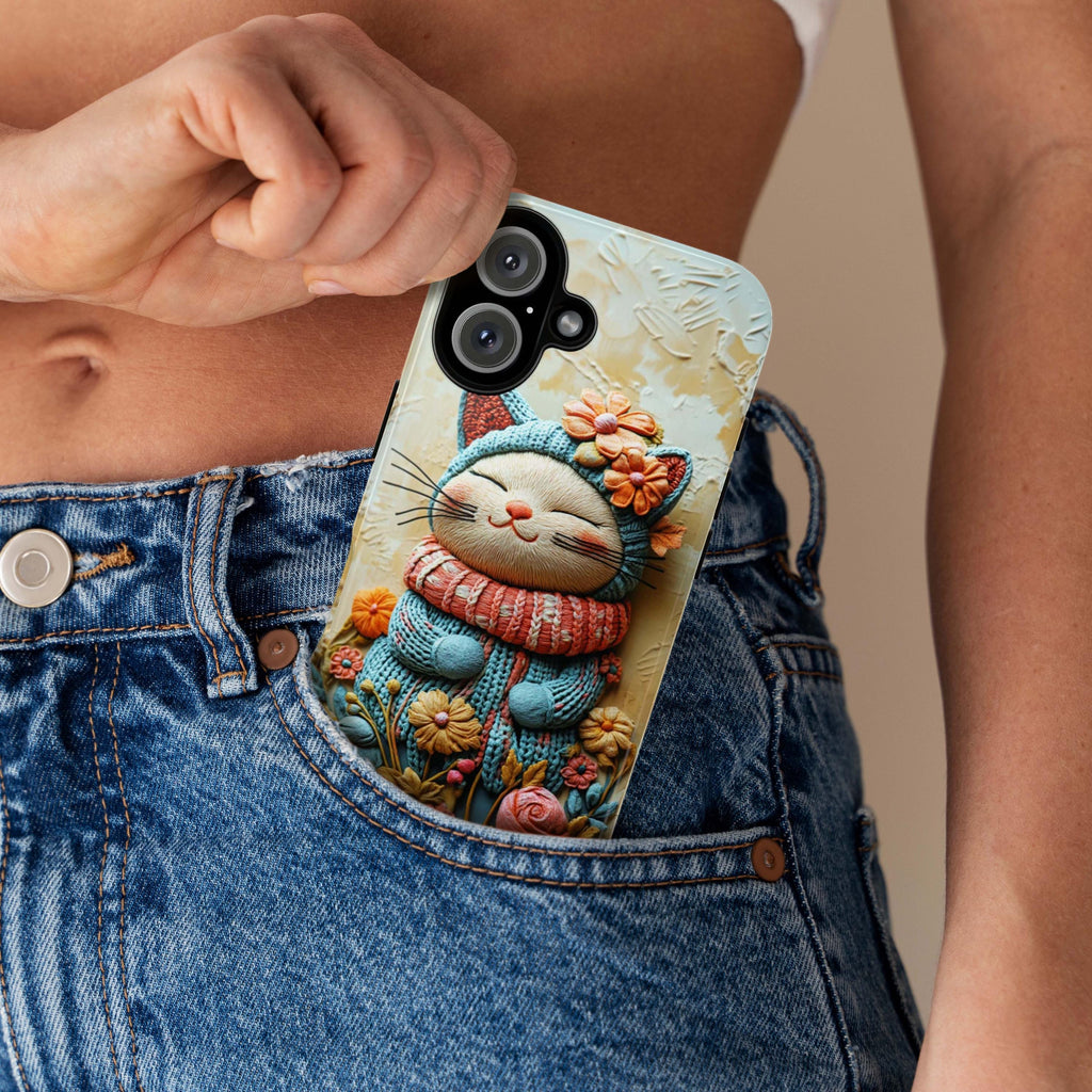 Knitted Colorful Cat & Flowers Phone - 3D effect Phone cover - Cat Lover Case for iPhone 16 15 14 13 Magsafe Plus, Samsung S24, 449.1