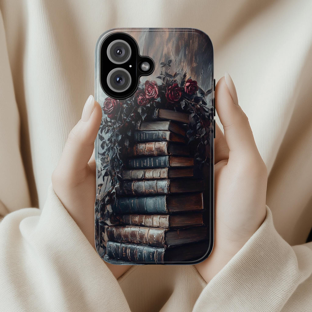 Dark Library Floral Phone Case, 3D Books and Flowers Case, Gothic Dark Academia for iPhone Magsafe 16, 15, 14, 13 & Samsung, Pixel 9, 423.18