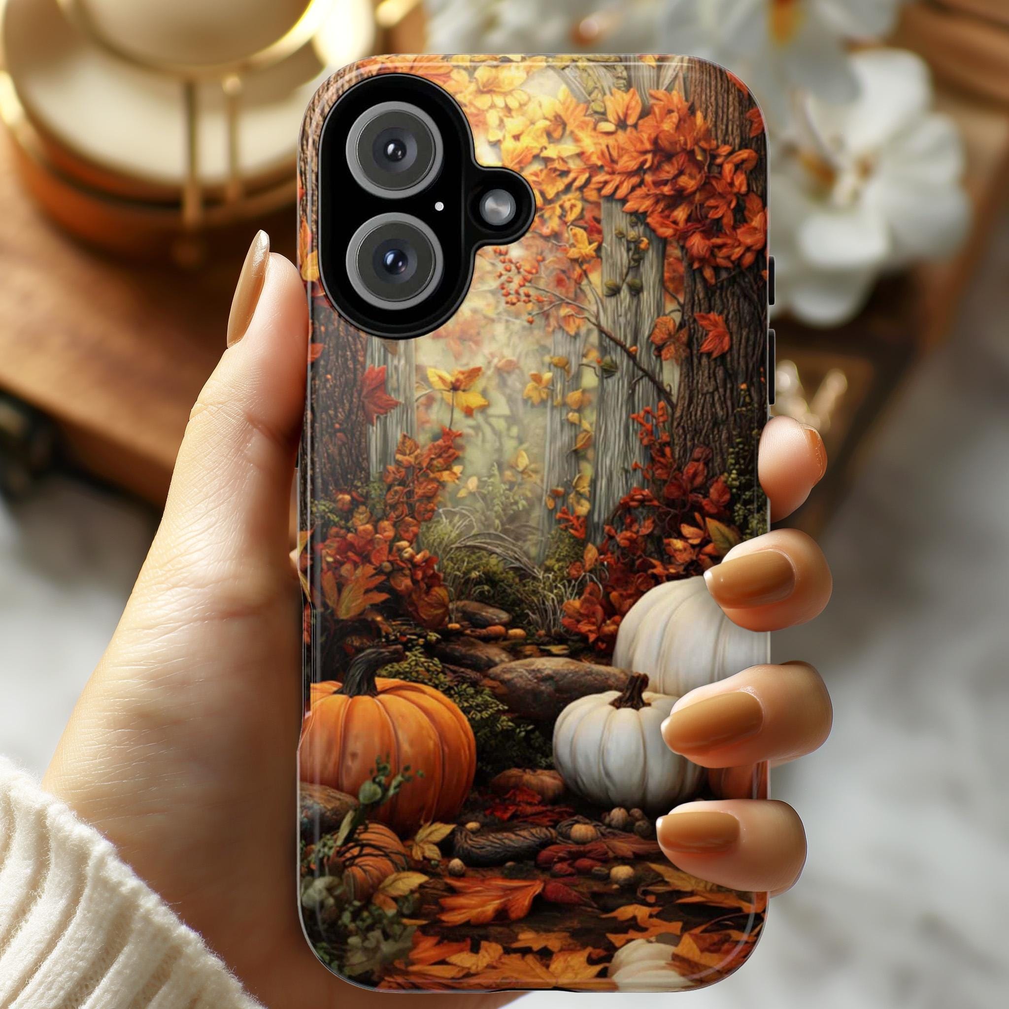 Autumn Forest Pumpkin Phone Case with Fall Leaves Design, Thanksgiving Phone Cover for iPhone 16 15 Tough or Magsafe, Samsung, 475.23
