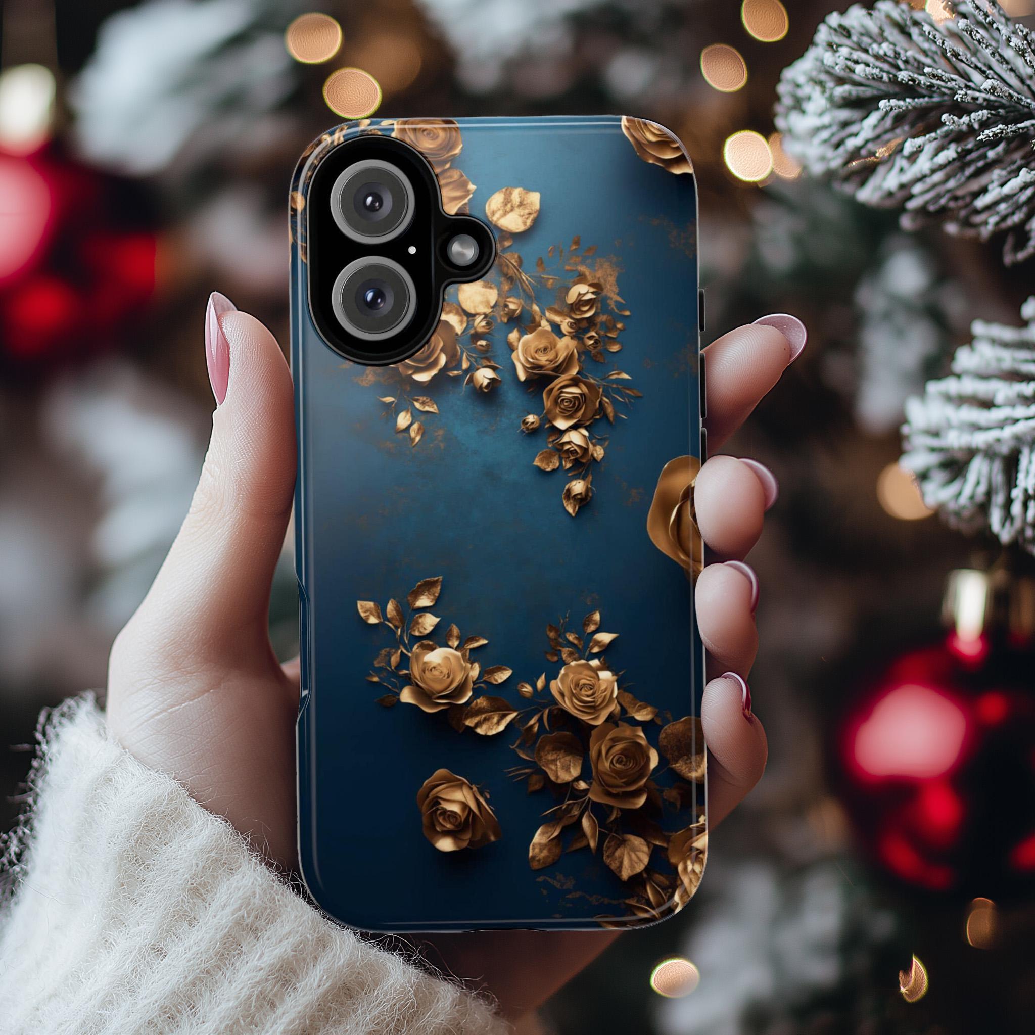 3D Golden Roses Elegant Blue Background Phone Case | Aeasthetic Design for iPhone 16 Pro Max 15 14 13 Mag Safe, Samsung S25 Ultra, 428.8