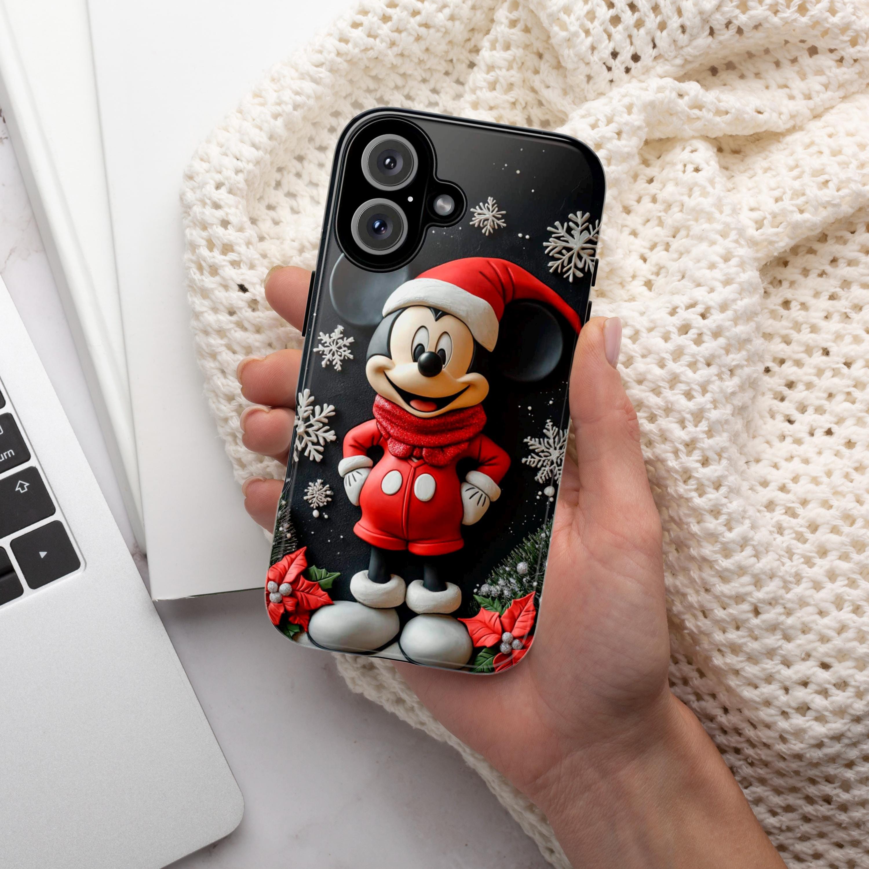 Santa Mickey Mouse 3D effect Phone Case, Cartoon Design, Disney Christmas Poinsettias Case for iPhone 16 15 Magsafe, Samsung S24, 442.23