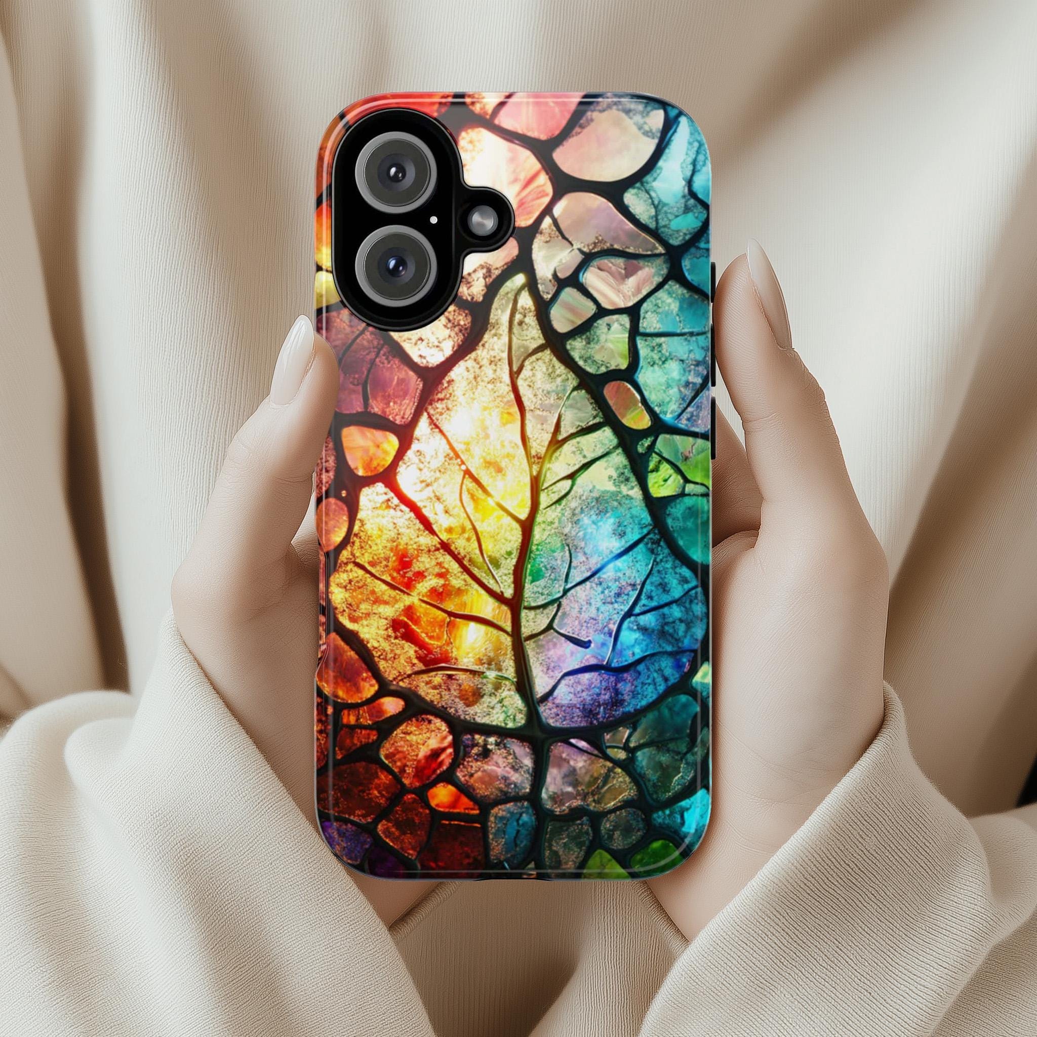 Stained Glass Rainbow Leaf Phone Case, Artistic Colorful Leaf Cover for iPhone iPhone 16, 15, 14, 13 Magsafe & Samsung, Pixel, 418.22