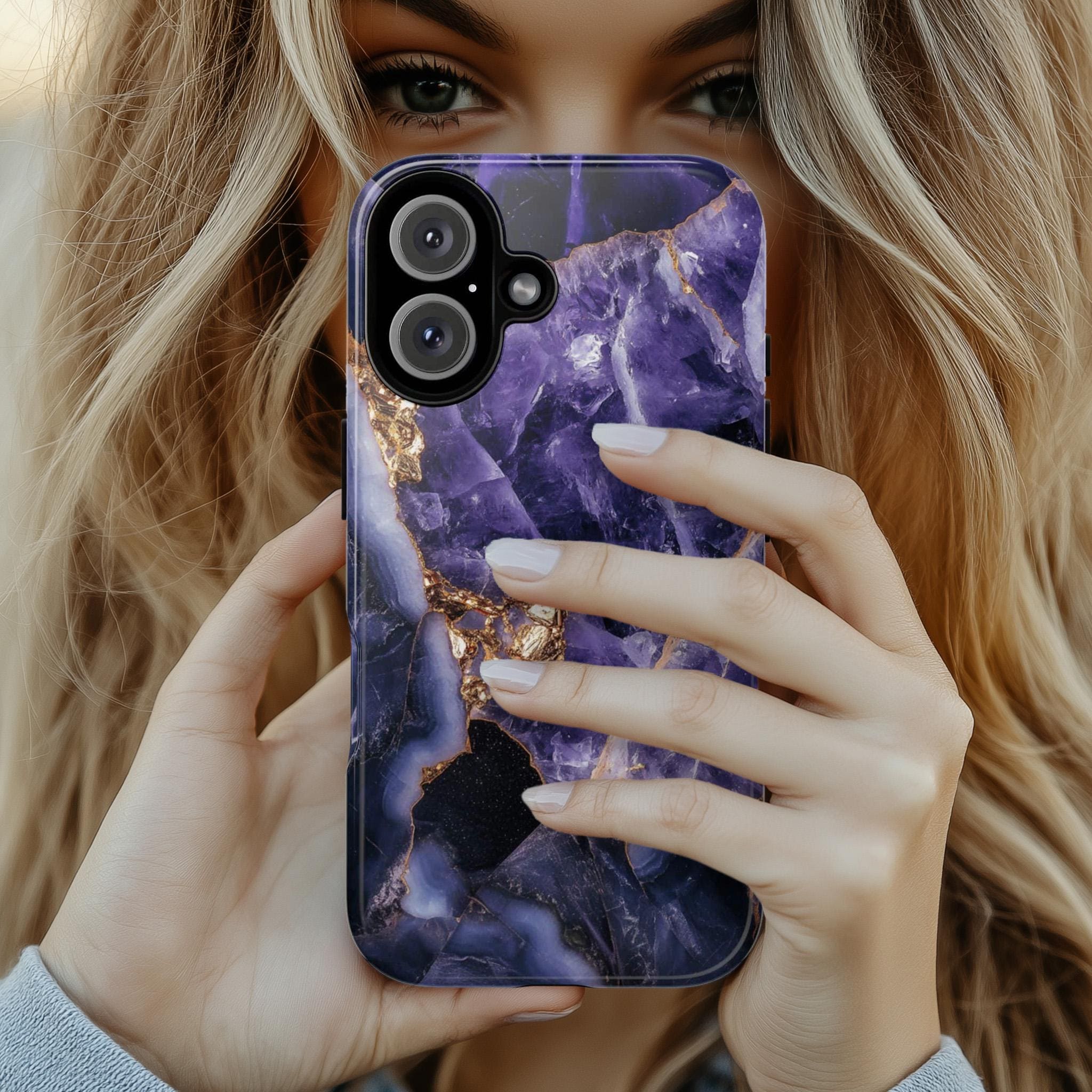Purple Mineral Amethyst Phone Case with Gold, Aesthetic Lilac Amethyst Cover, Elegant Protective Cover for iPhone & Android Devices, 438.7