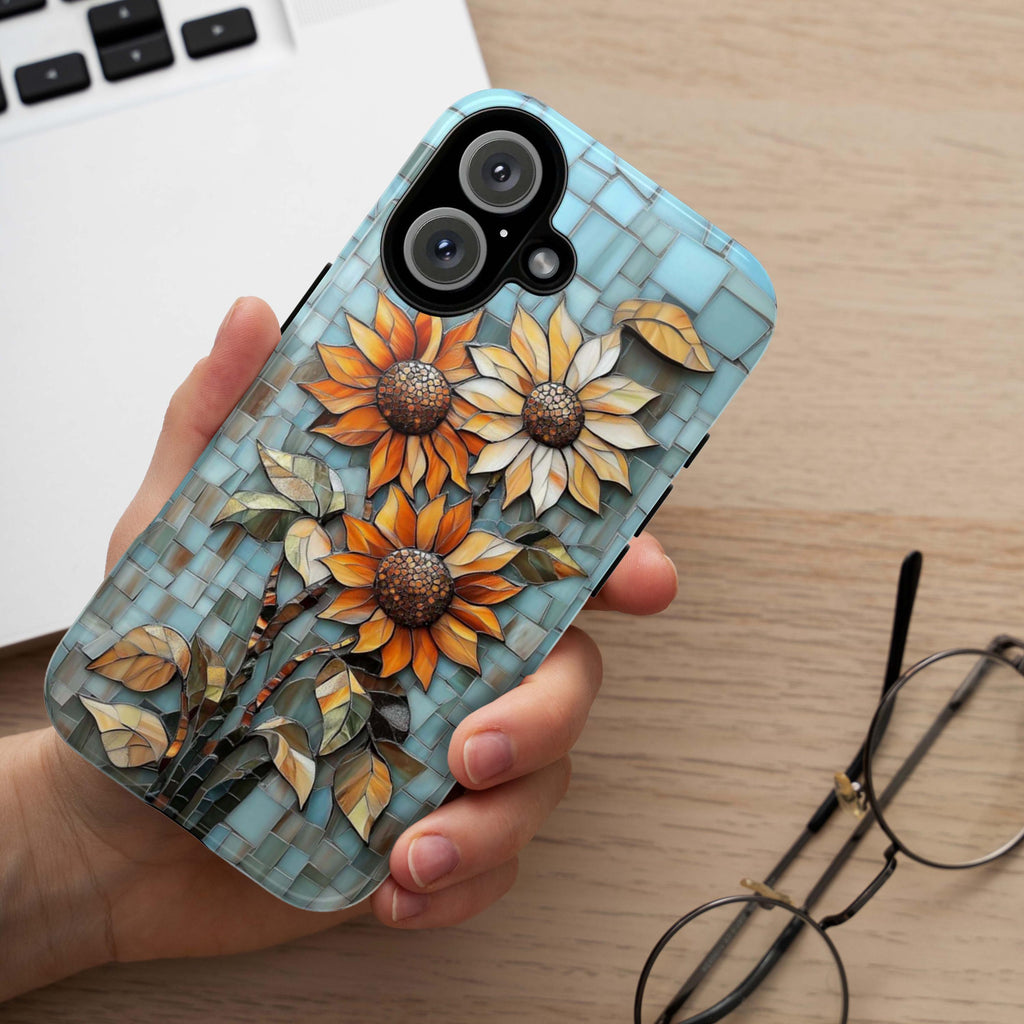 Stained Glass Sunflowers Phone Case, Mosaic Mystical MagSafe Case for iPhone 16 15 14 13 Pro Max Plus / Samsung S24, 418.13