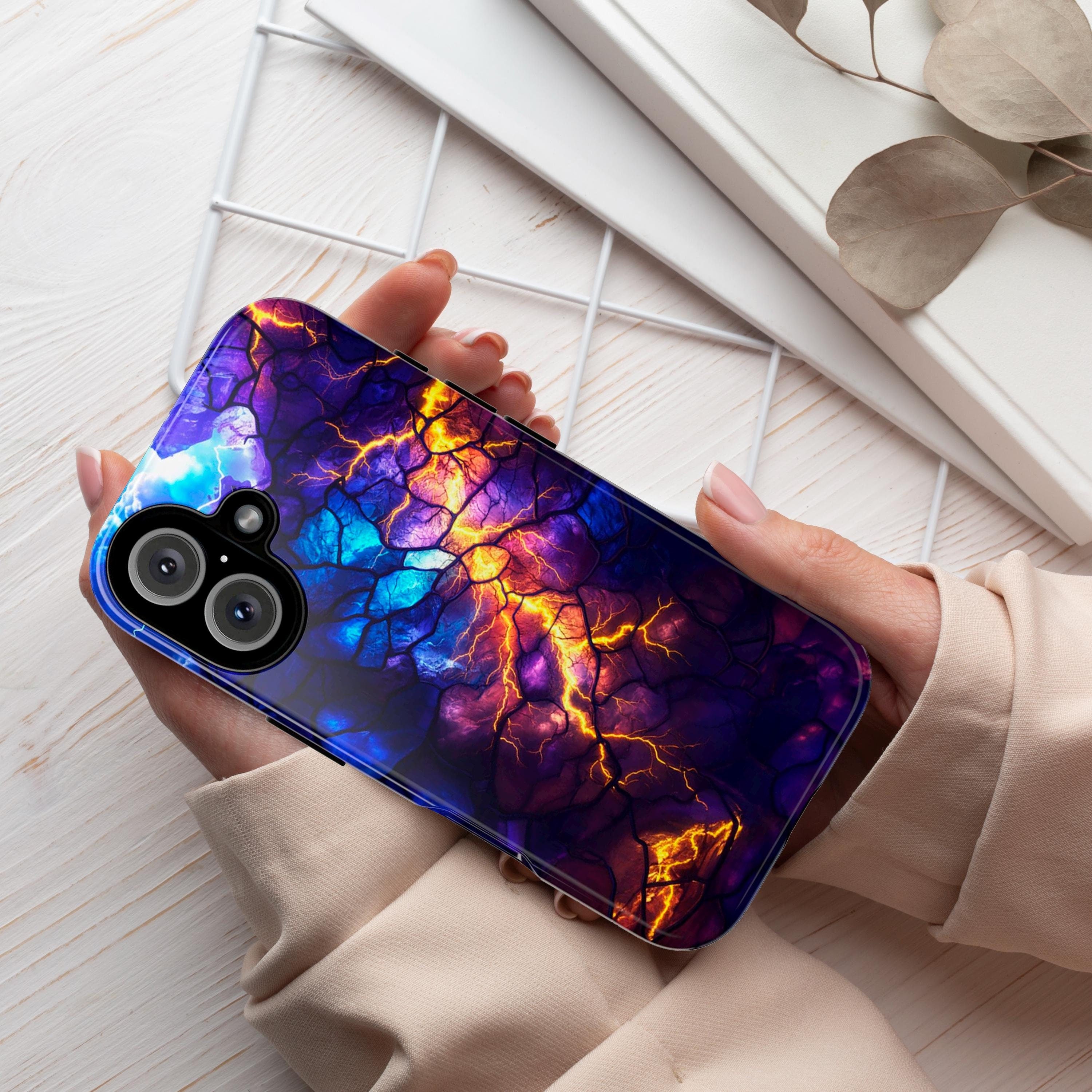 Stained Glass Phone Case with Lightning in the Sky | Aesthetic Mystic Design for iPhone 16 Pro Max 15 14 Plus Mag Safe, Samsung S25, 432.2
