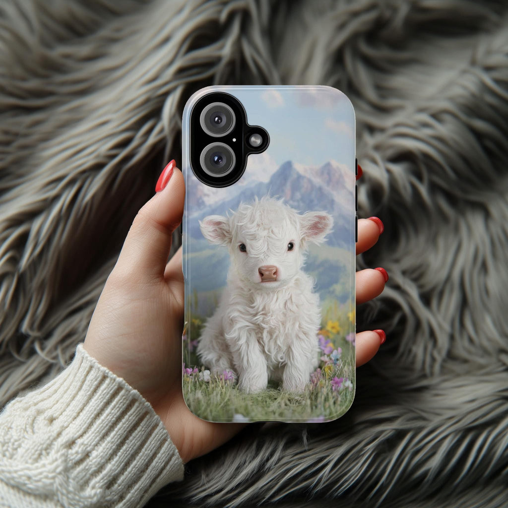 Cute Highland Calf Phone Case, Spring Meadow Floral Design with Mountain & Lake View Phone Cover for iPhone Tough or Magsafe, Samsung, 473.5
