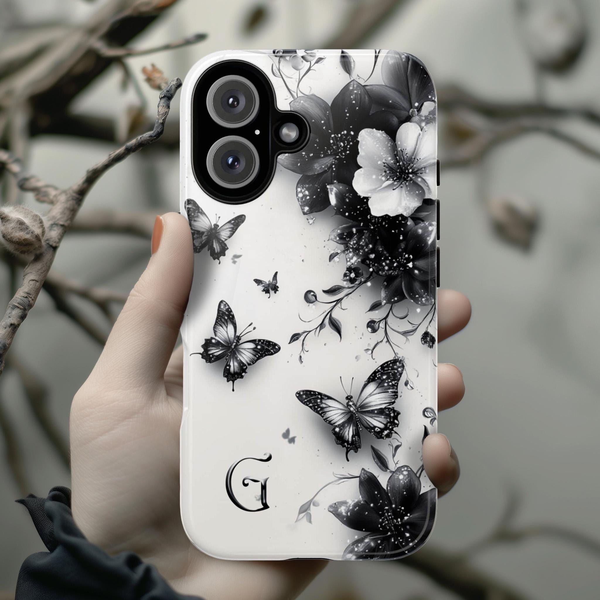 Black Floral Butterfly & Custom Monogram Phone Case, Personalized Monogrammed Design for iPhone 16 15 14 Tough or Magsafe, Samsung, 469.3