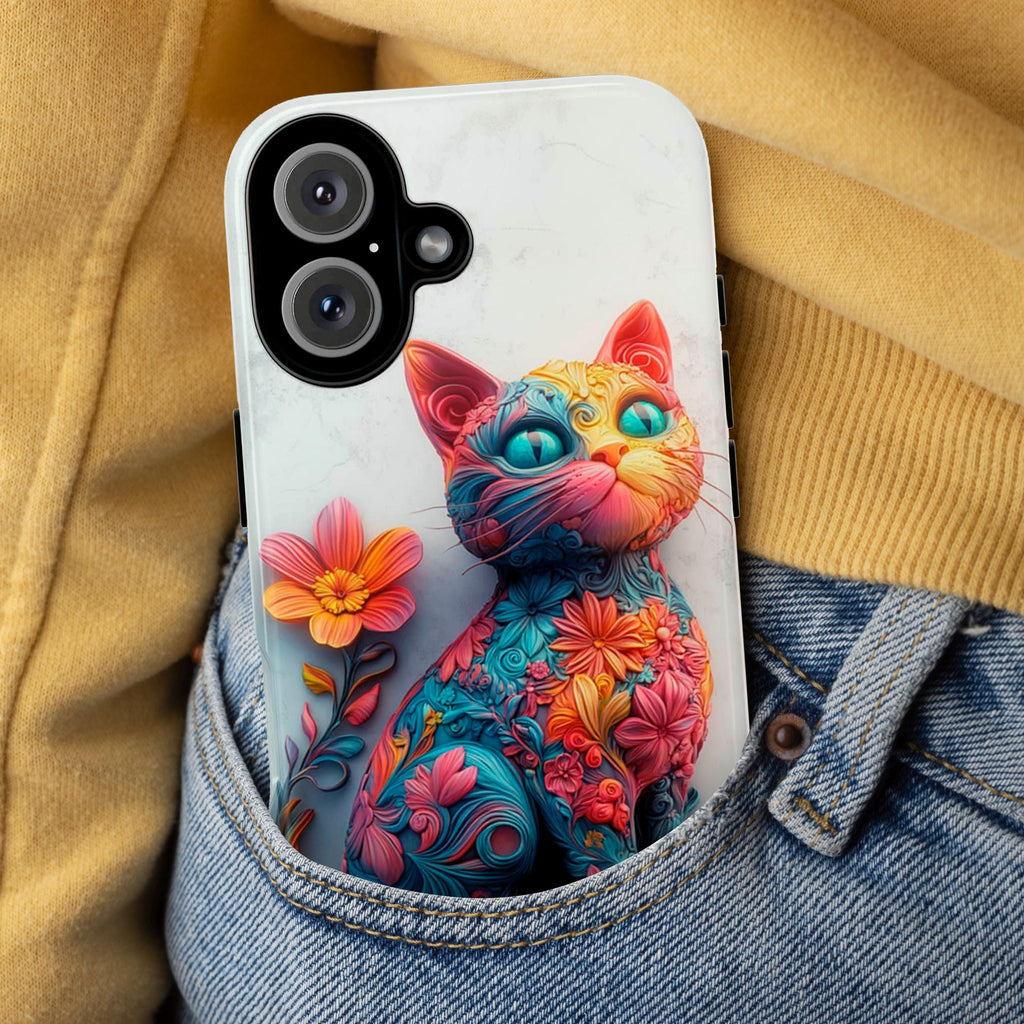 Colorful Floral Cat 3D MagSafe Phone Case, Abstract Fantasy Cat & Flowers iPhone 16 15 14 13 12 Pro Max Plus / Samsung S24, 439.11