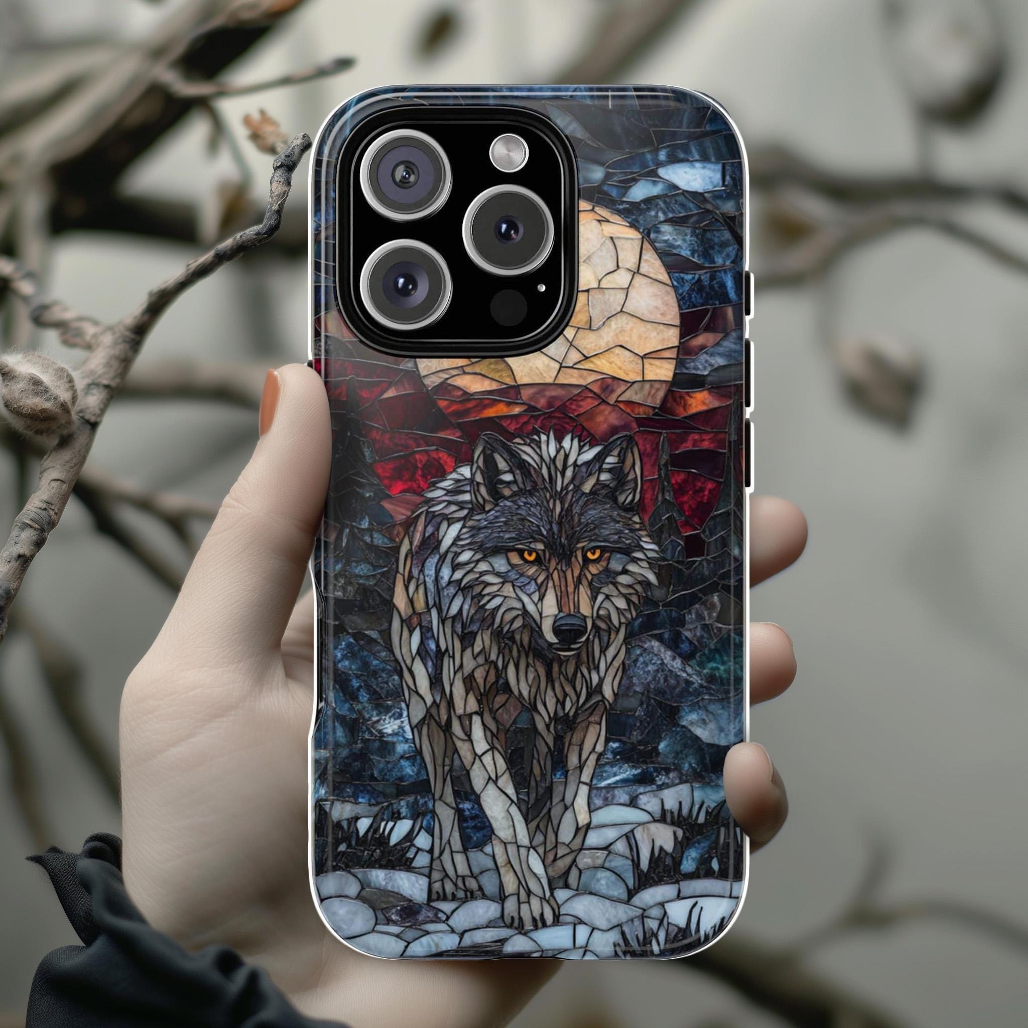 Stained Glass Fantasy Wolf Phone Case, Dark Gothic Phone Cover for iPhone 16 15 14 13 Tough or Magsafe Samsung Galaxy S24, 421.10