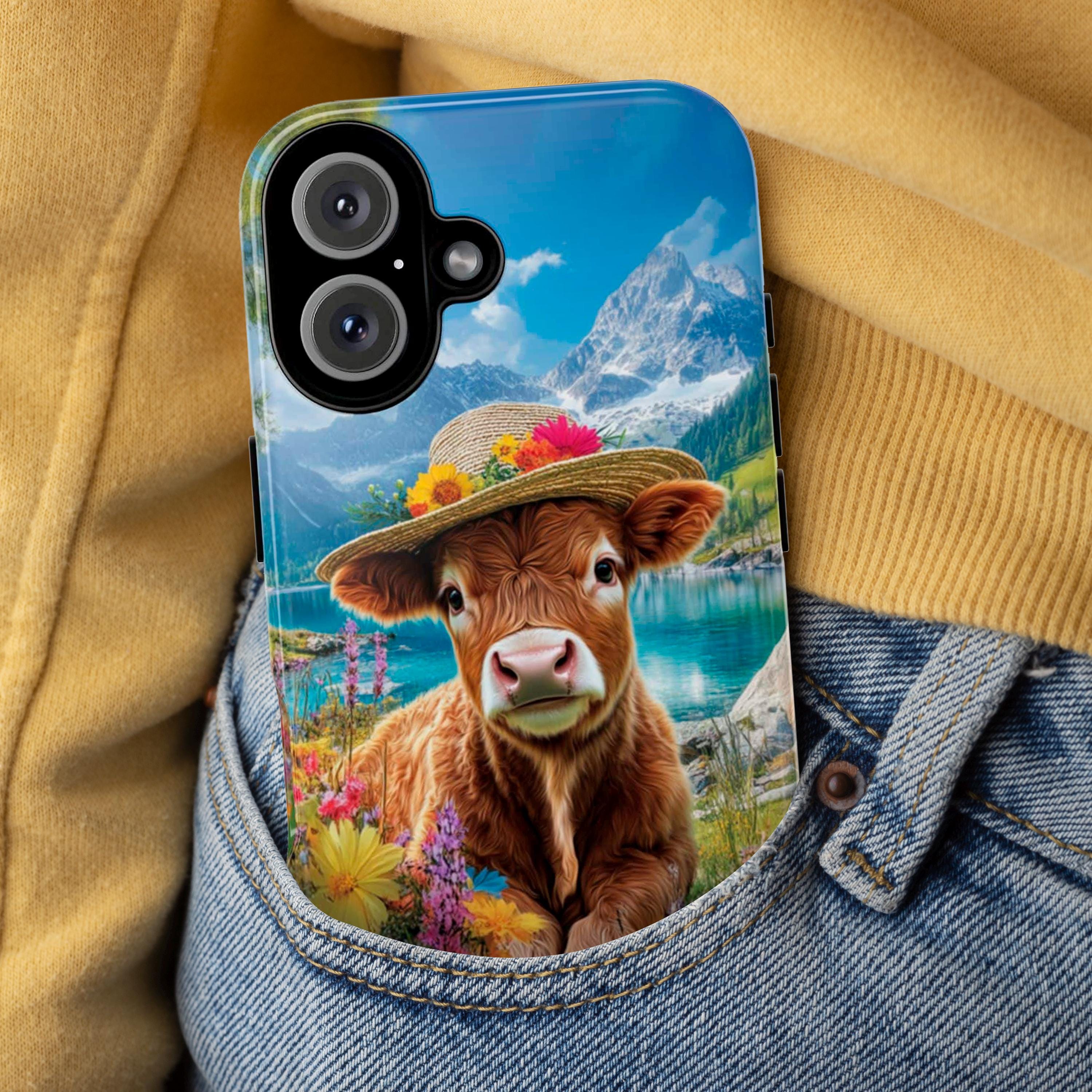 Cute Highland Cow Phone Case, Spring Meadow Floral Design with Mountain & Lake View Phone Cover for iPhone Tough or Magsafe, Samsung, 473.4