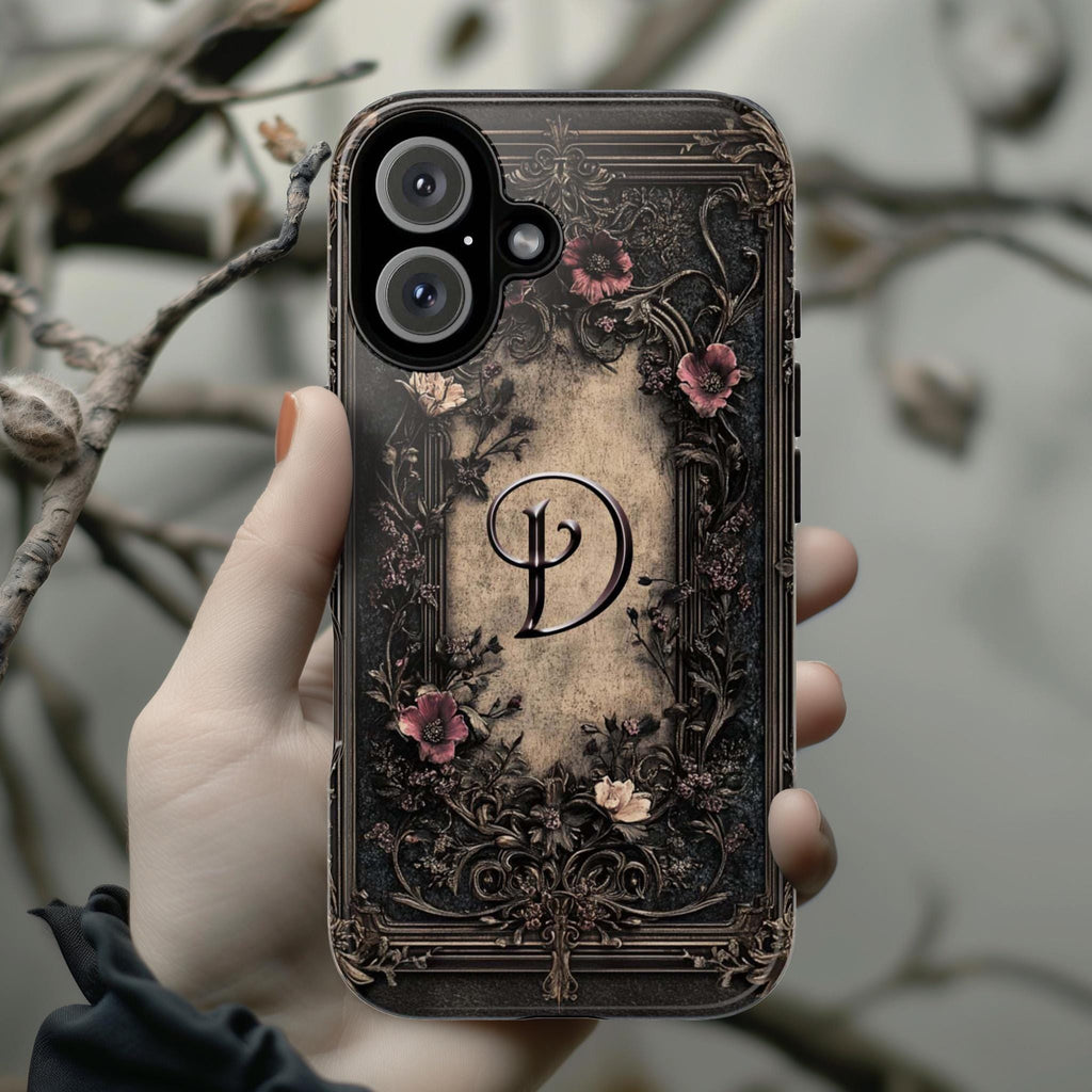 Dark Gothic Floral 3D effect Phone Case, Personalized Monogrammed Cover, Elegant Baroque Flower Design for iPhone 16, Samsung, Pixel, 463.5