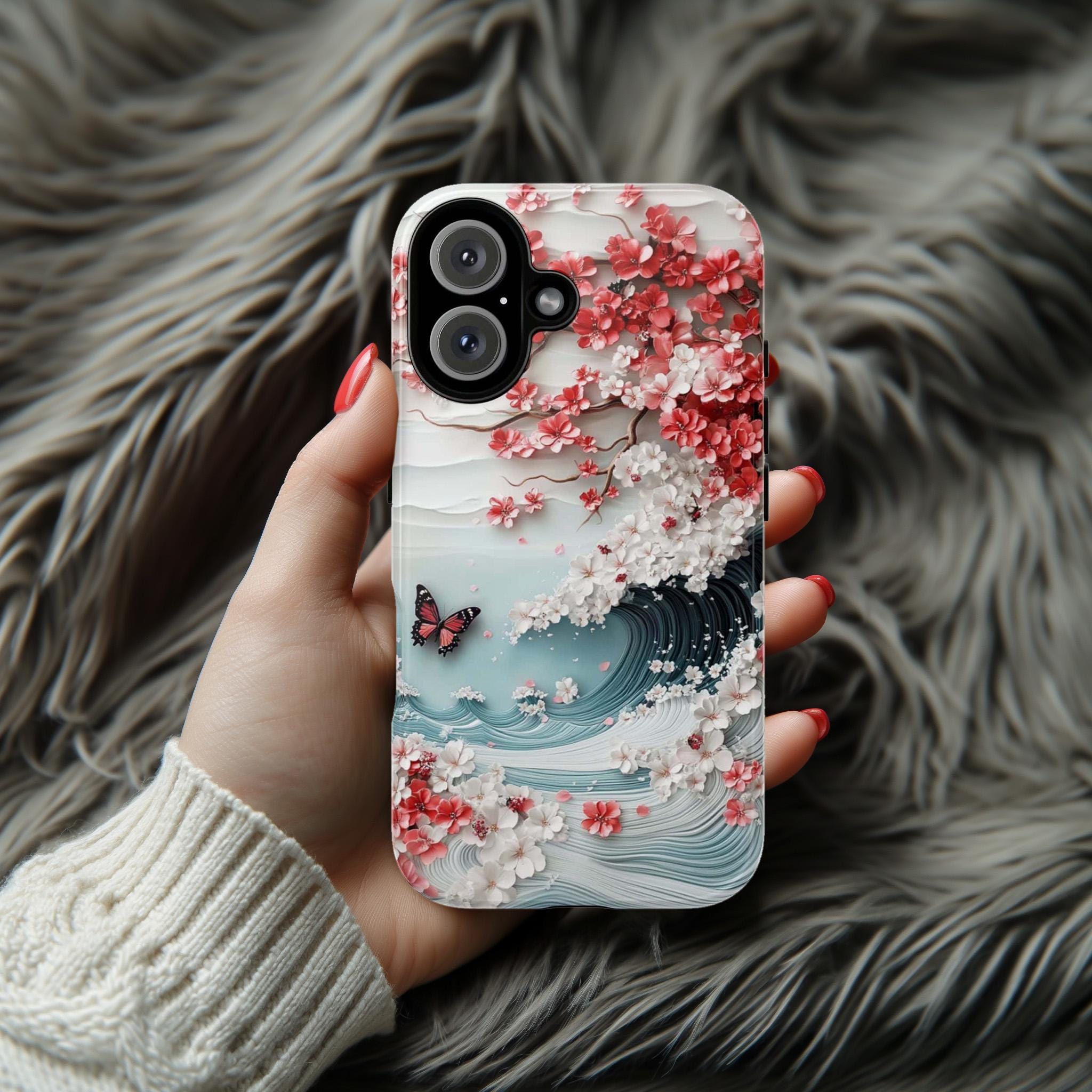 Japanese Cherry Blossom Wave Phone Case, 3D effect Floral & Butterfly Art Design for iPhone 16 15 14 Tough or Magsafe, Samsung S25, 469.7
