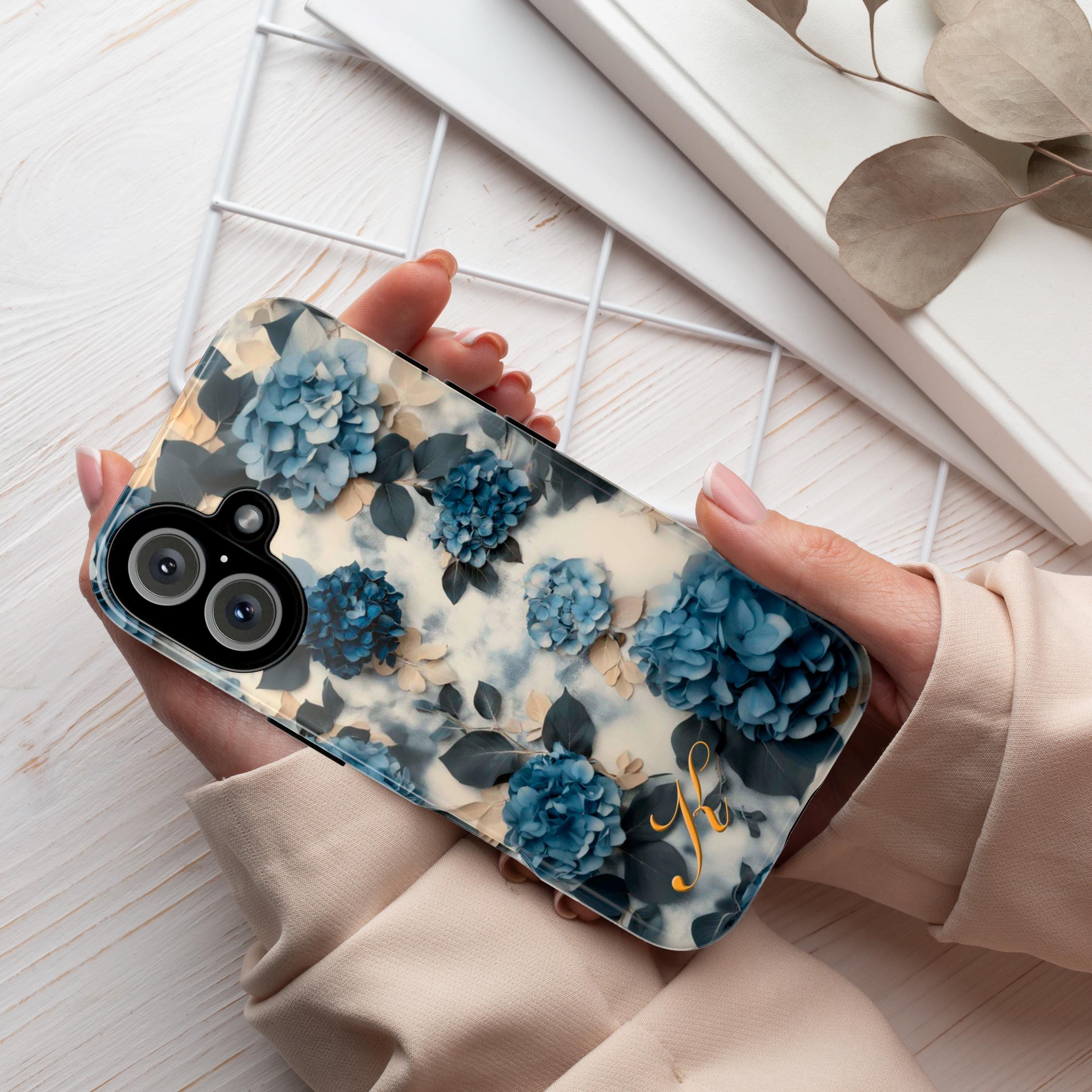 Blue Hydrangea Floral Phone Case Personalized Phone Cover fit for iPhone 16 Magsafe 15 14 13 12 Pro Max Plus, Samsung S25 Ultra, 428.2