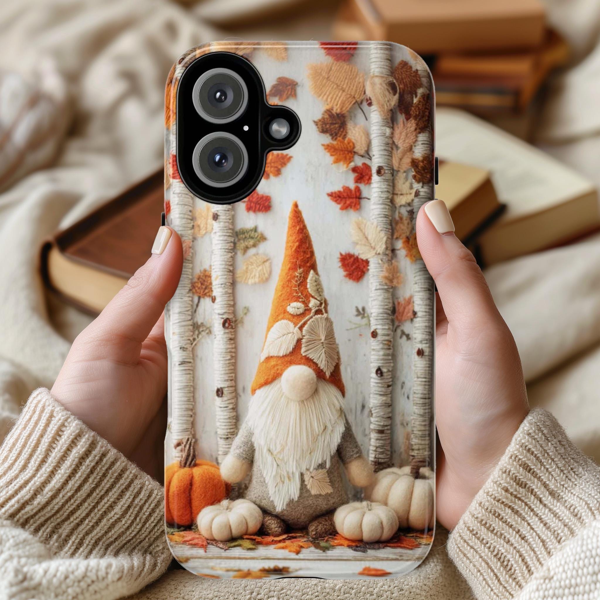 Cute Autumn Gnome Phone Case, Fall Forest White Birch Trees & Pumpkins Cover for iPhone 16 15 Tough or Magsafe, Samsung, 452.22