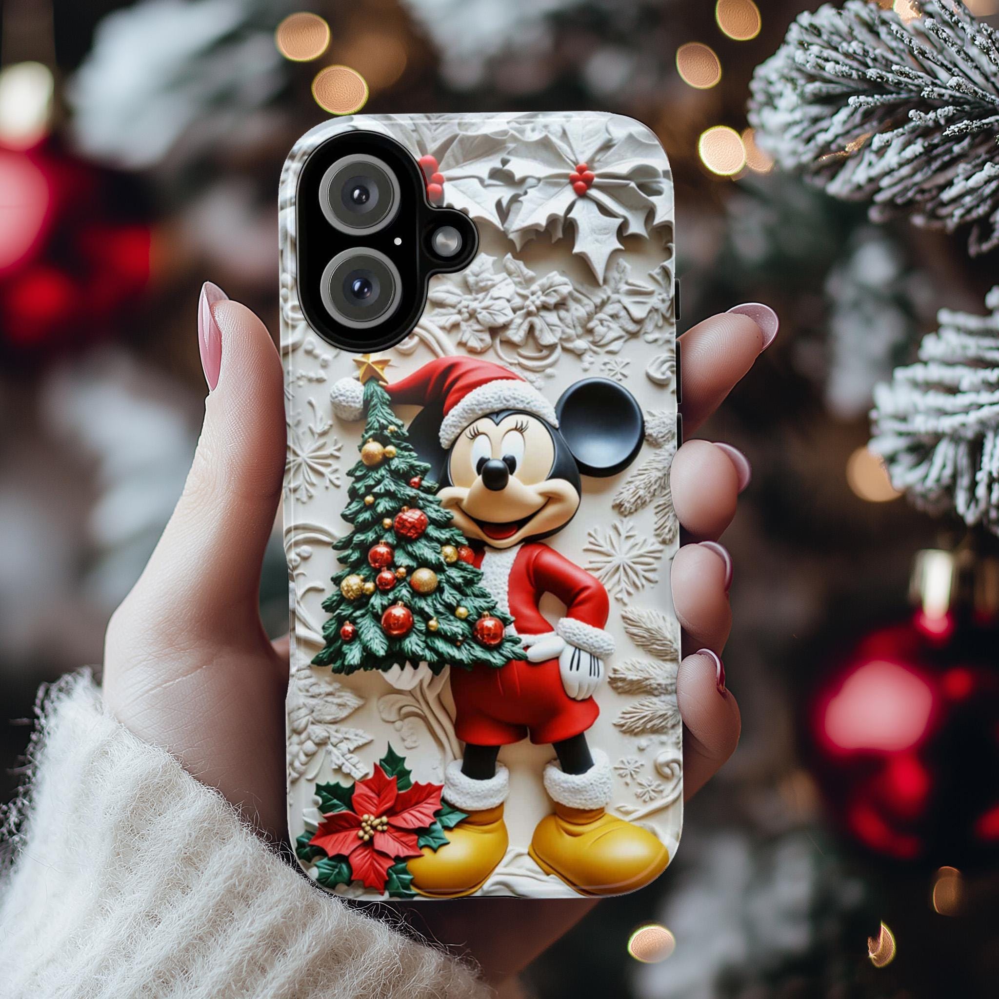 Xmas Mickey Mouse 3D effect Phone Case, Cartoon Design, Santa Mickey Christmas Tree Phone Case for iPhone 16 15 Magsafe, Samsung S24, 442.18