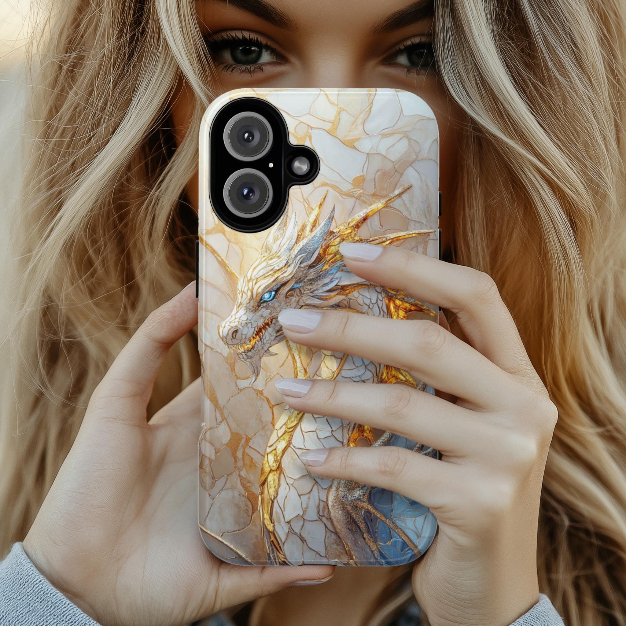 Fantasy White Dragon Stained Glass Phone Case, Gothic Mystical Mosaic Dragon Cover for iPhone 16, 15, Samsung Galaxy S24, 421.8