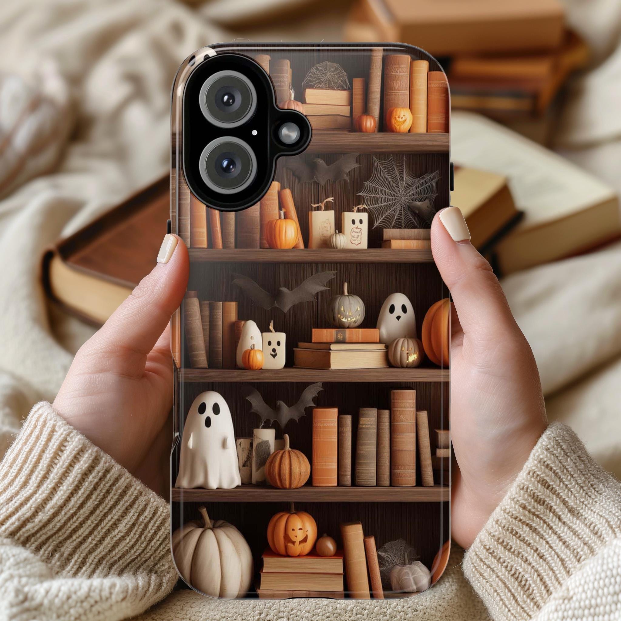 Gothic Library Phone Case, Ghosts & Pumpkins Phone Case, Halloween Lovers for iPhone 16 15 14 13 Tough or Magsafe, Samsung, 475.9