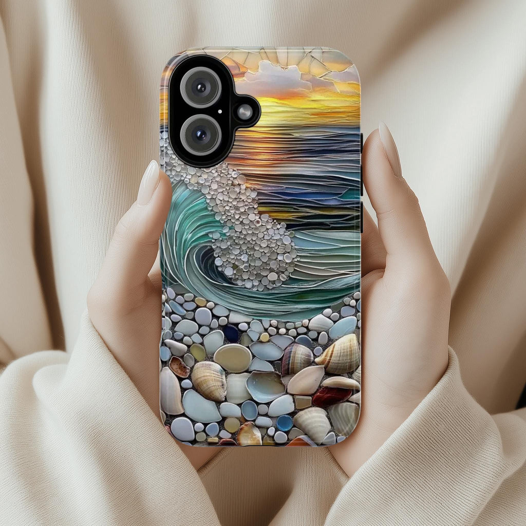 Summer Ocean Sunset Phone Case,  Stained Glass Effect Shell Design, Beach Vibes Coastal Art Cover for iPhone Touhg or Magsafe, 455.16