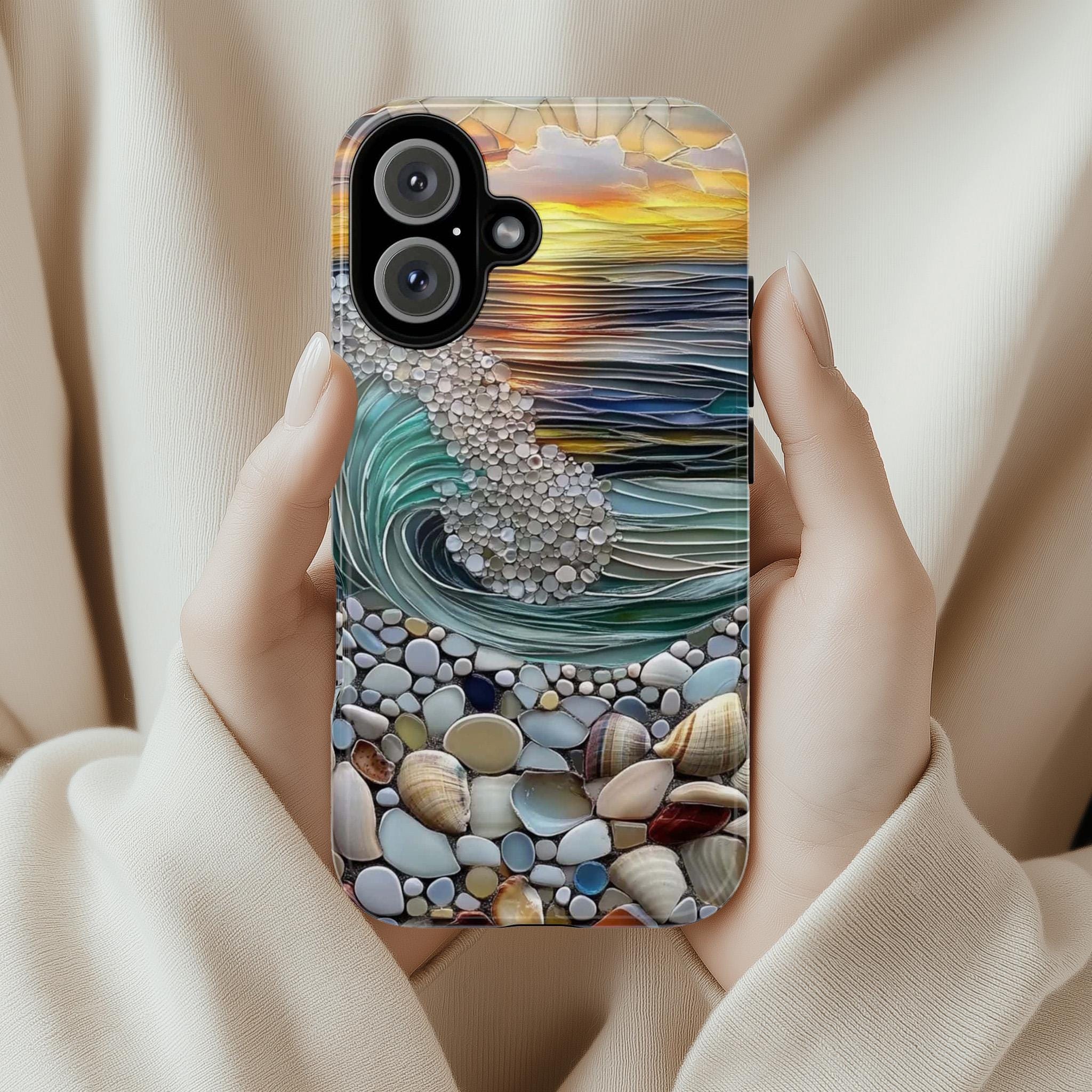 Summer Ocean Sunset Phone Case,  Stained Glass Effect Shell Design, Beach Vibes Coastal Art Cover for iPhone Touhg or Magsafe, 455.16