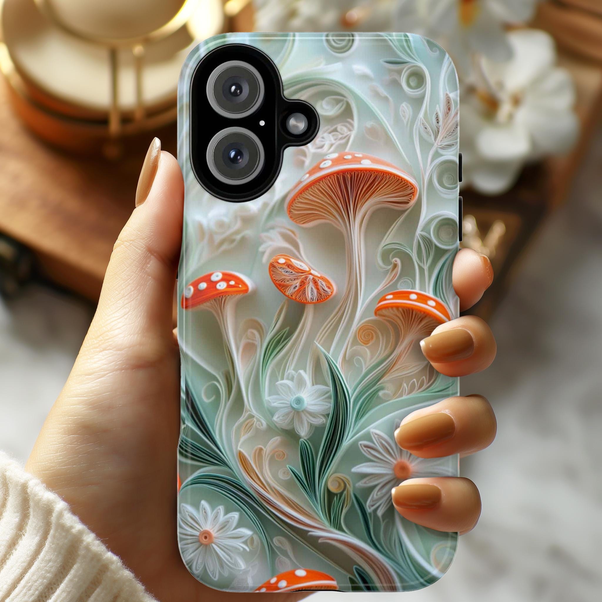 Magical Forest Mushroom Phone Case with Paper Art Design, Woodland & Nature Lovers for iPhone 16 15 14 13 Tough or Magsafe, Samsung, 470.14