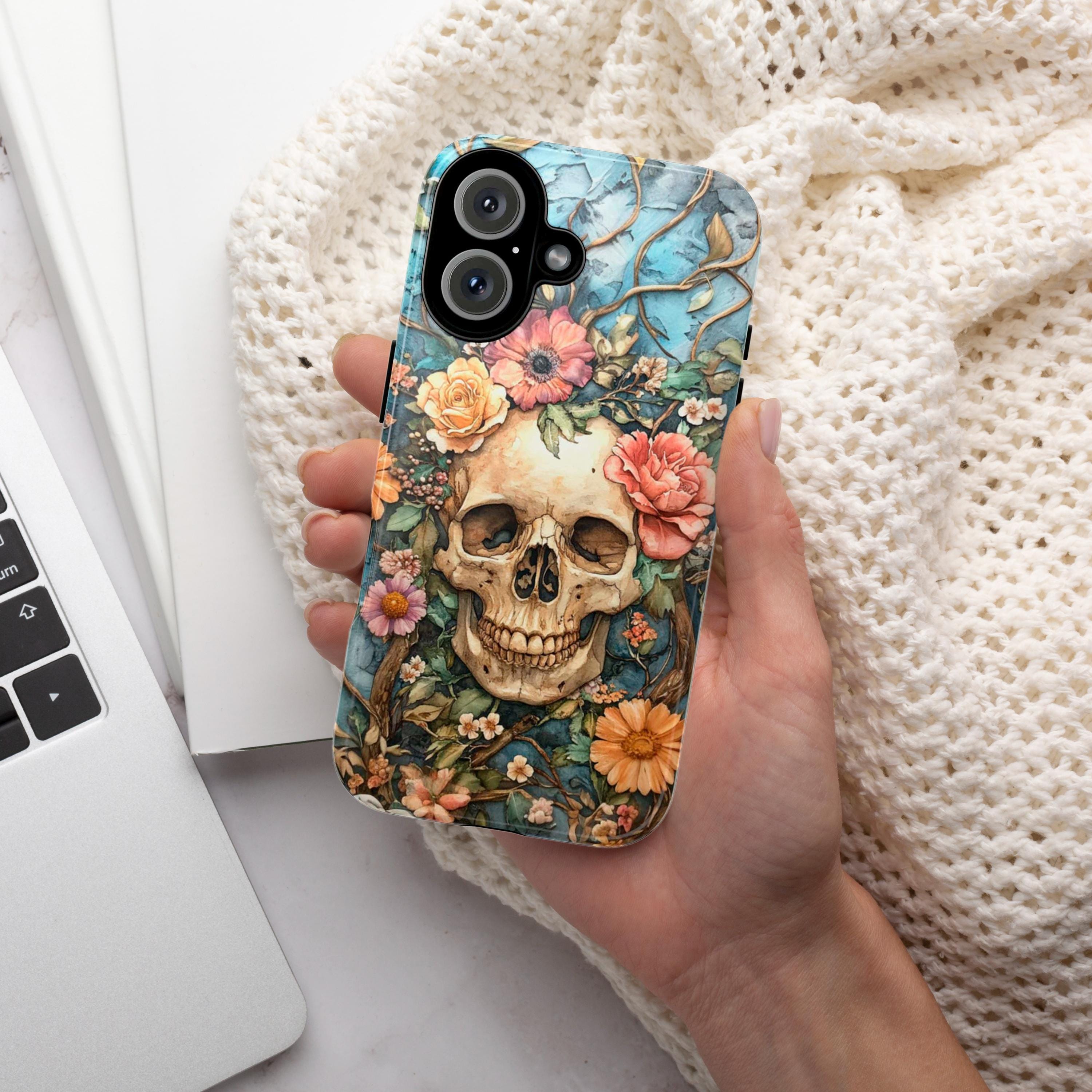 Anatomy Floral Skeleton Dia de los Muertos Phone Case, Anatomical Art Flowers & Skeleton Phone Cover for iPhone 16, Samsung S24, 435.6