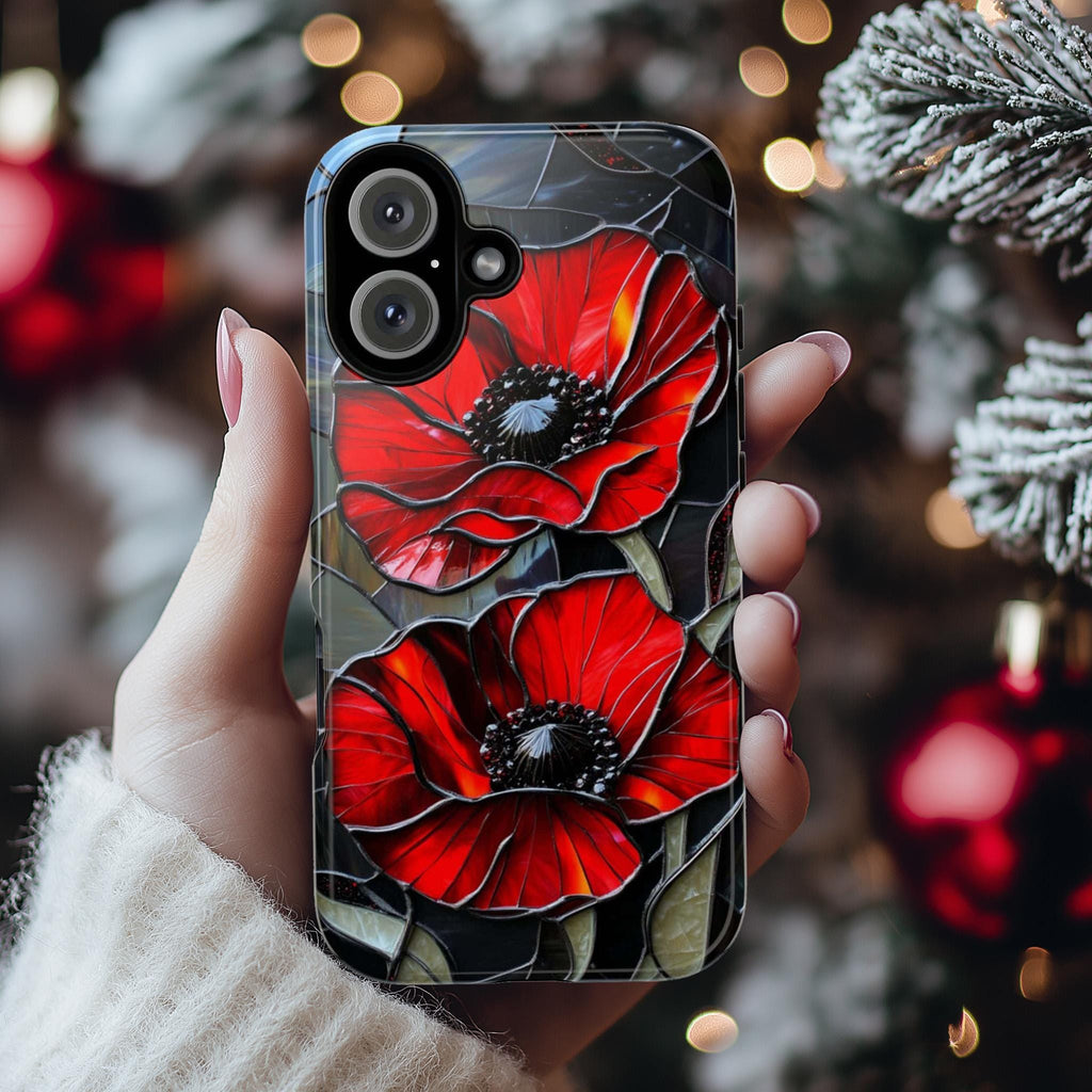Stained Glass Red Poppies Phone Case, Mosaic Vibrant Red Poppy MagSafe Case for iPhone 16 15 14 13 Tough or MagSafe, Samsung S25, 418.17