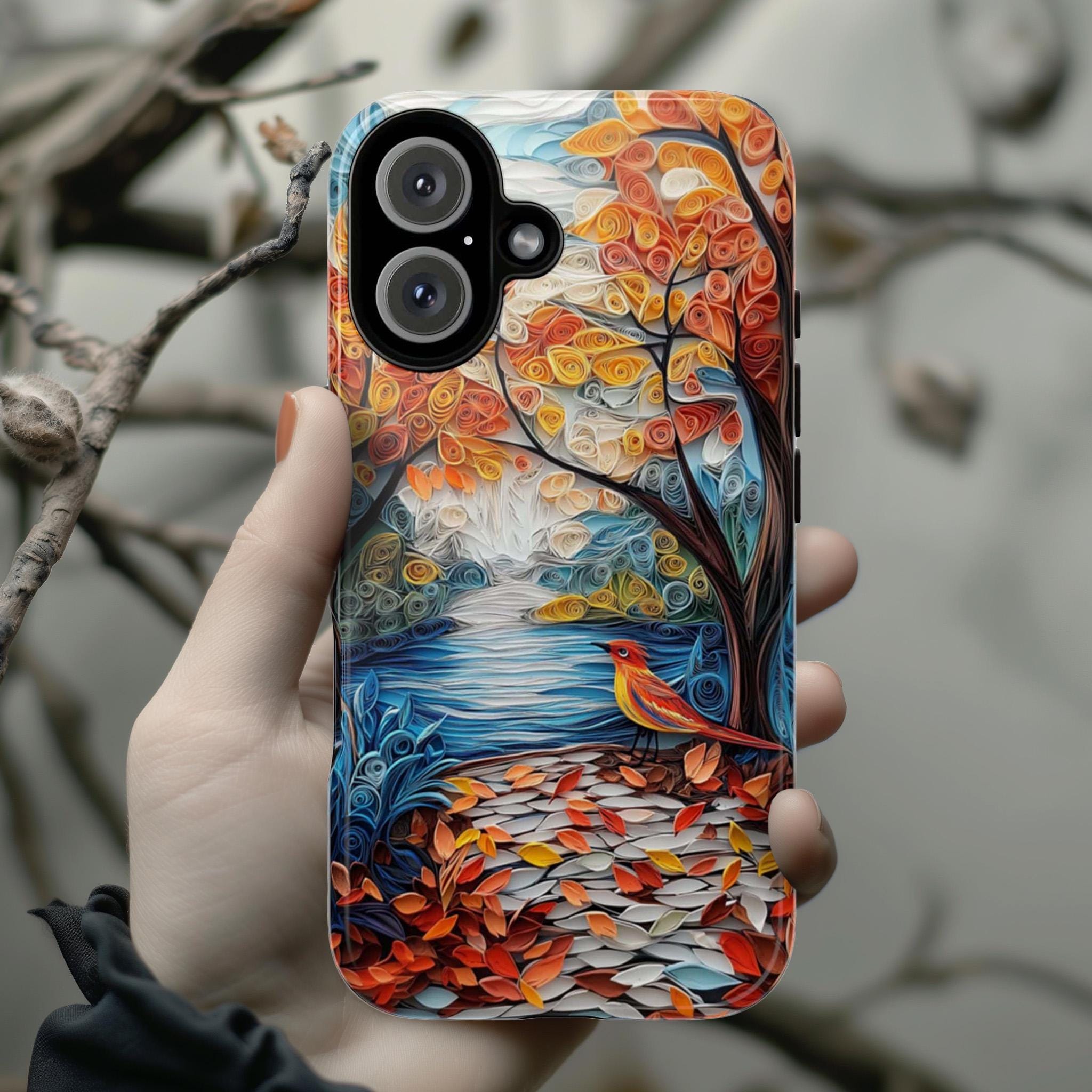 3D Paper Art Forest Bird Phone Case, Handmade Woodland Landscape Phone Cove, Nature Tree Scene Protective Case for Bird Lovers, 470.4