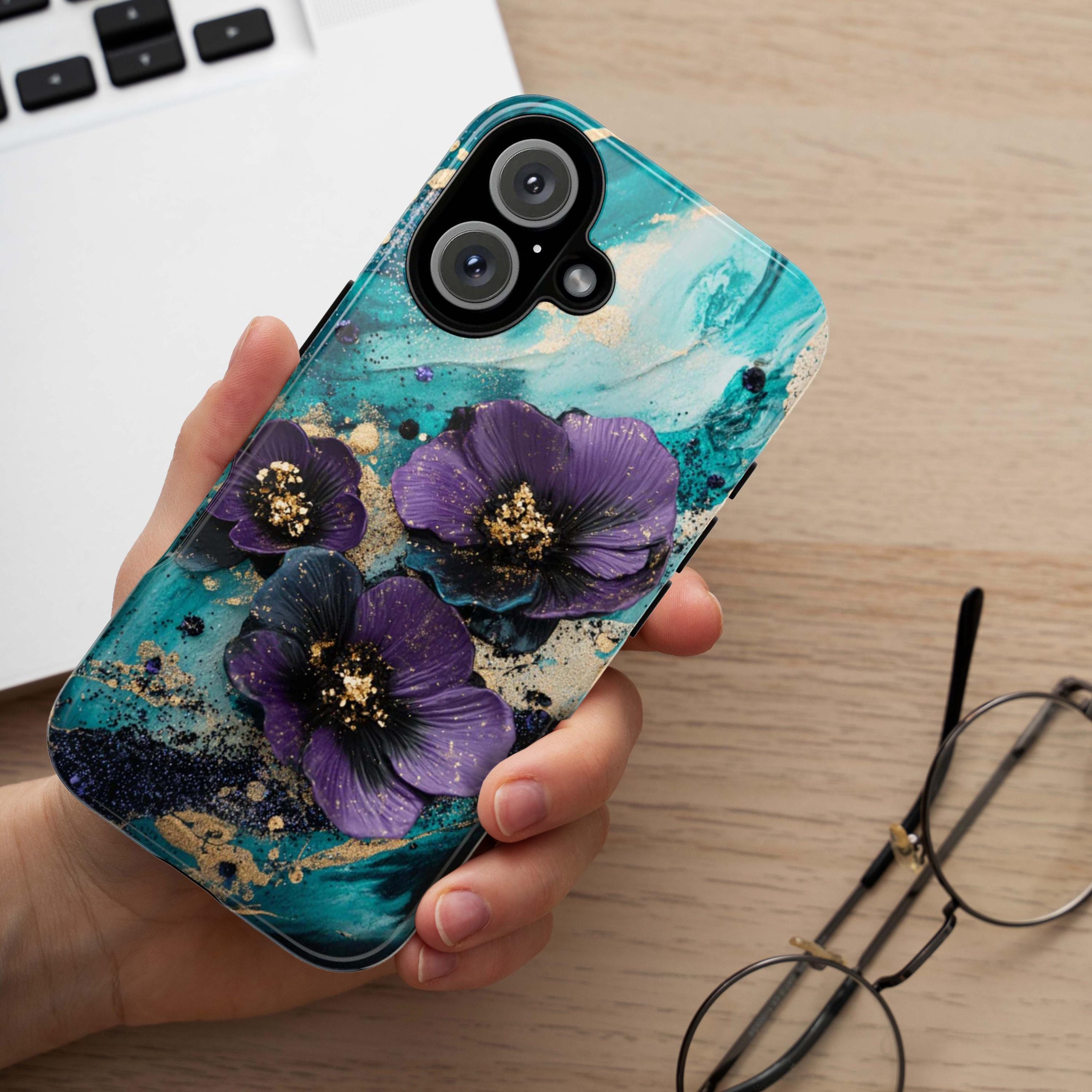 Purple 3D Floral Art Phone Case, Glitter Bloom 3D Design, Teal Floral Garden Case for iPhone 16 15 14 13 Pro Max Magsafe, Samsung S24, 436.2