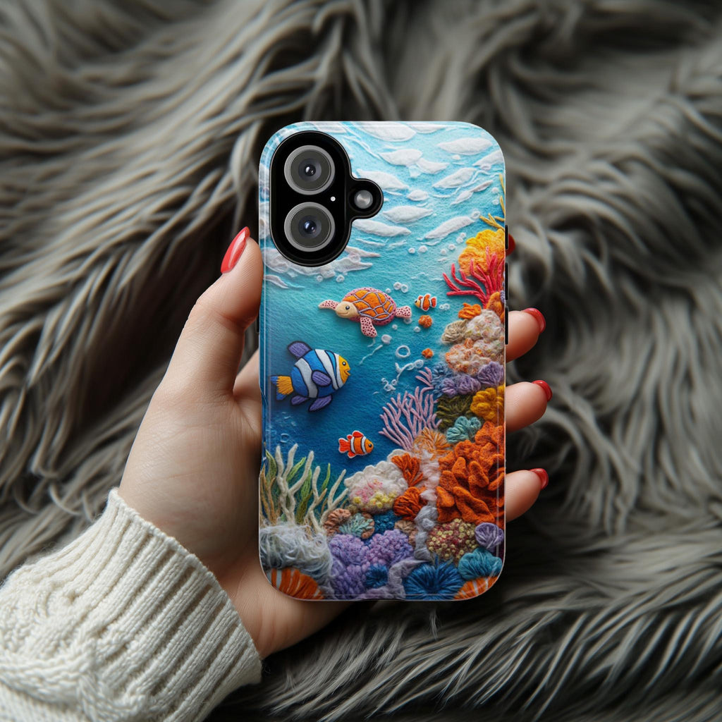 3D Felt Turtle Clownfish Coral Reef Ocean Phone Case, Marine Life Lovers Phone Case for iPhone 16 15 14 13 Magsafe, Samsung S25, 452.7