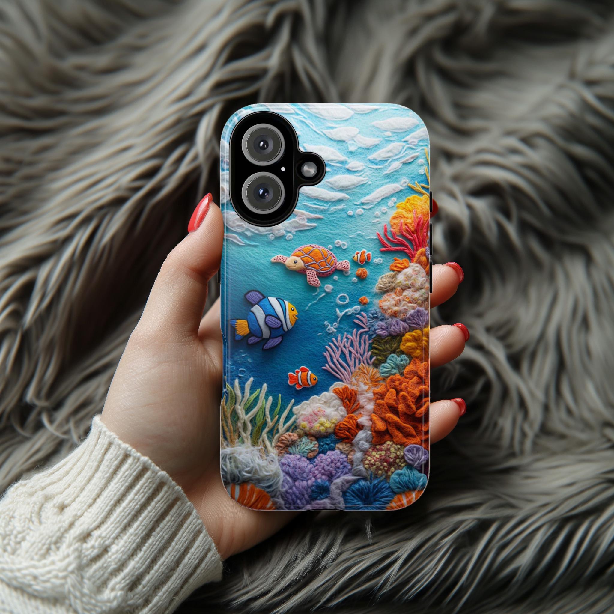 3D Felt Turtle Clownfish Coral Reef Ocean Phone Case, Marine Life Lovers Phone Case for iPhone 16 15 14 13 Magsafe, Samsung S25, 452.7