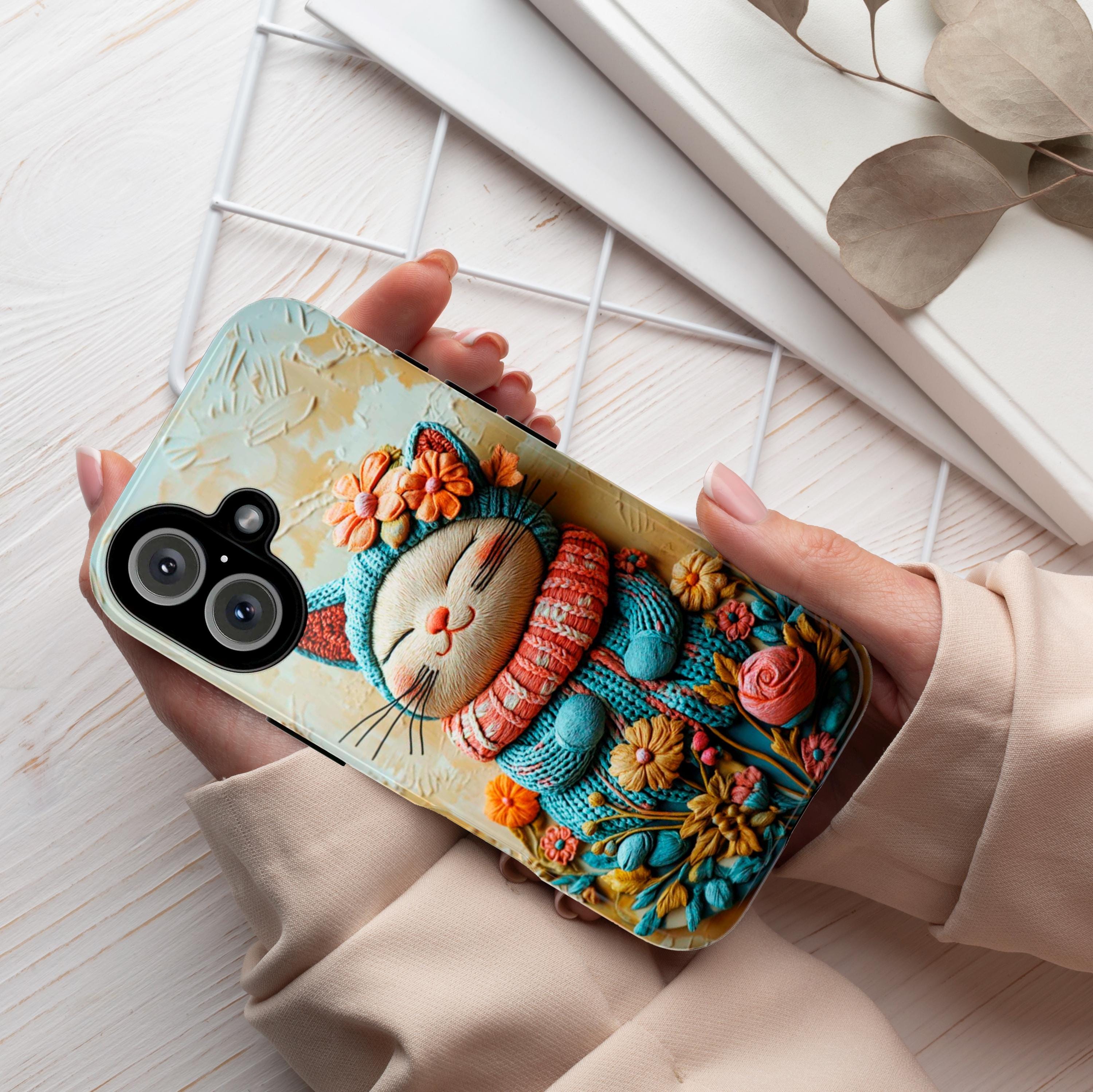 Knitted Colorful Cat & Flowers Phone - 3D effect Phone cover - Cat Lover Case for iPhone 16 15 14 13 Magsafe Plus, Samsung S24, 449.1