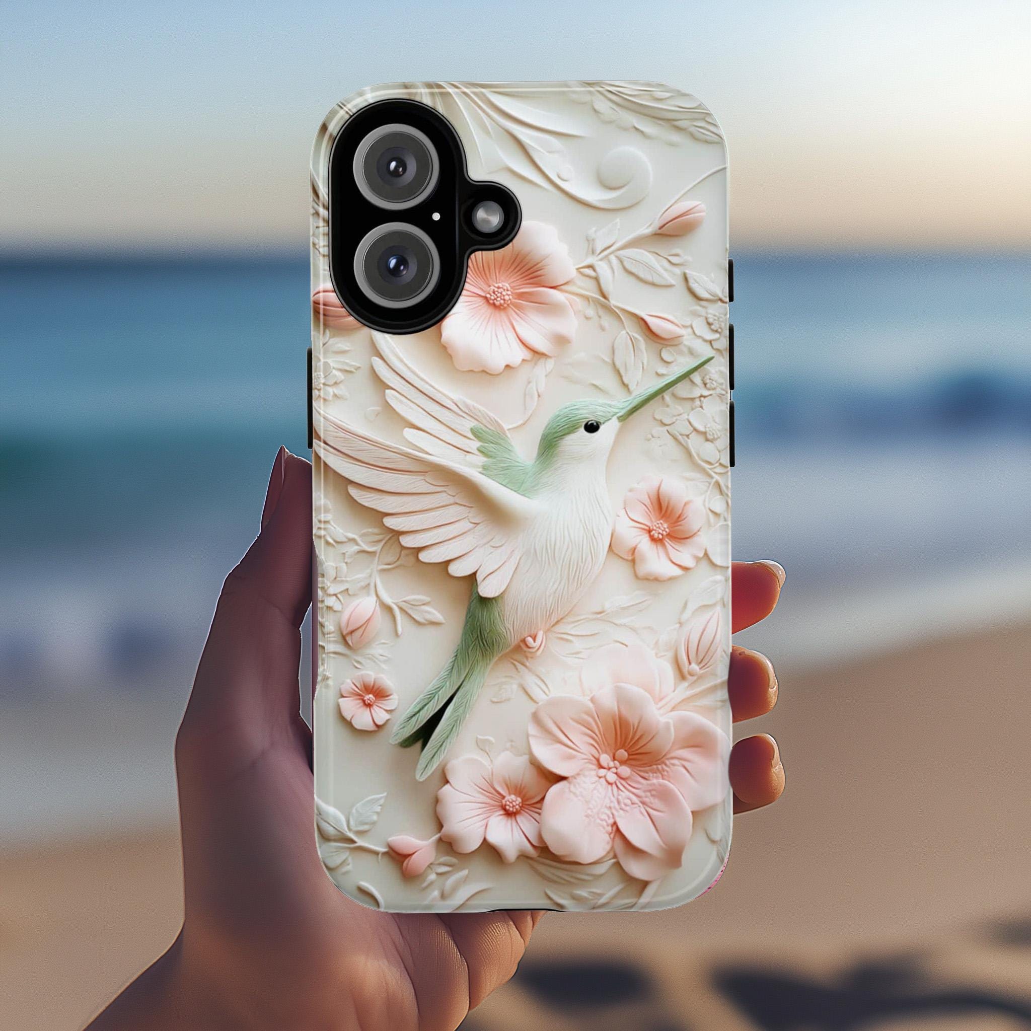 Cozy Hummingbird & Floral Blossom Phone Case, Spring 3D Flower Design for iPhone 16, 15, 14, 13 Tough or Magsafe, Samsung S24, 419.6