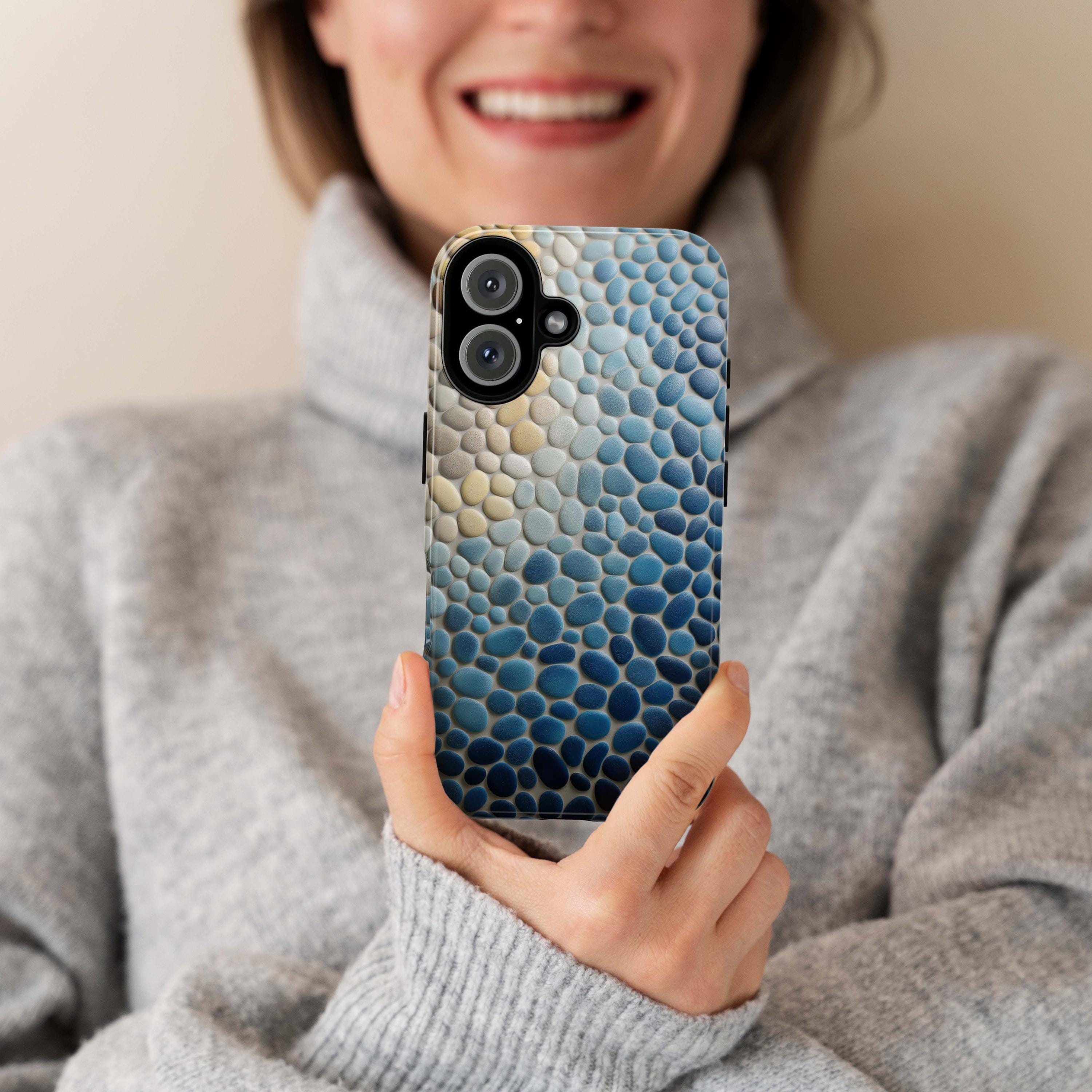 3D Textured Ocean Pebble Phone Case, Coastal Nature Cover, Natural Stones Case for iPhone 16 15 14 13 Tough or Magsafe, Samsung, 466.9