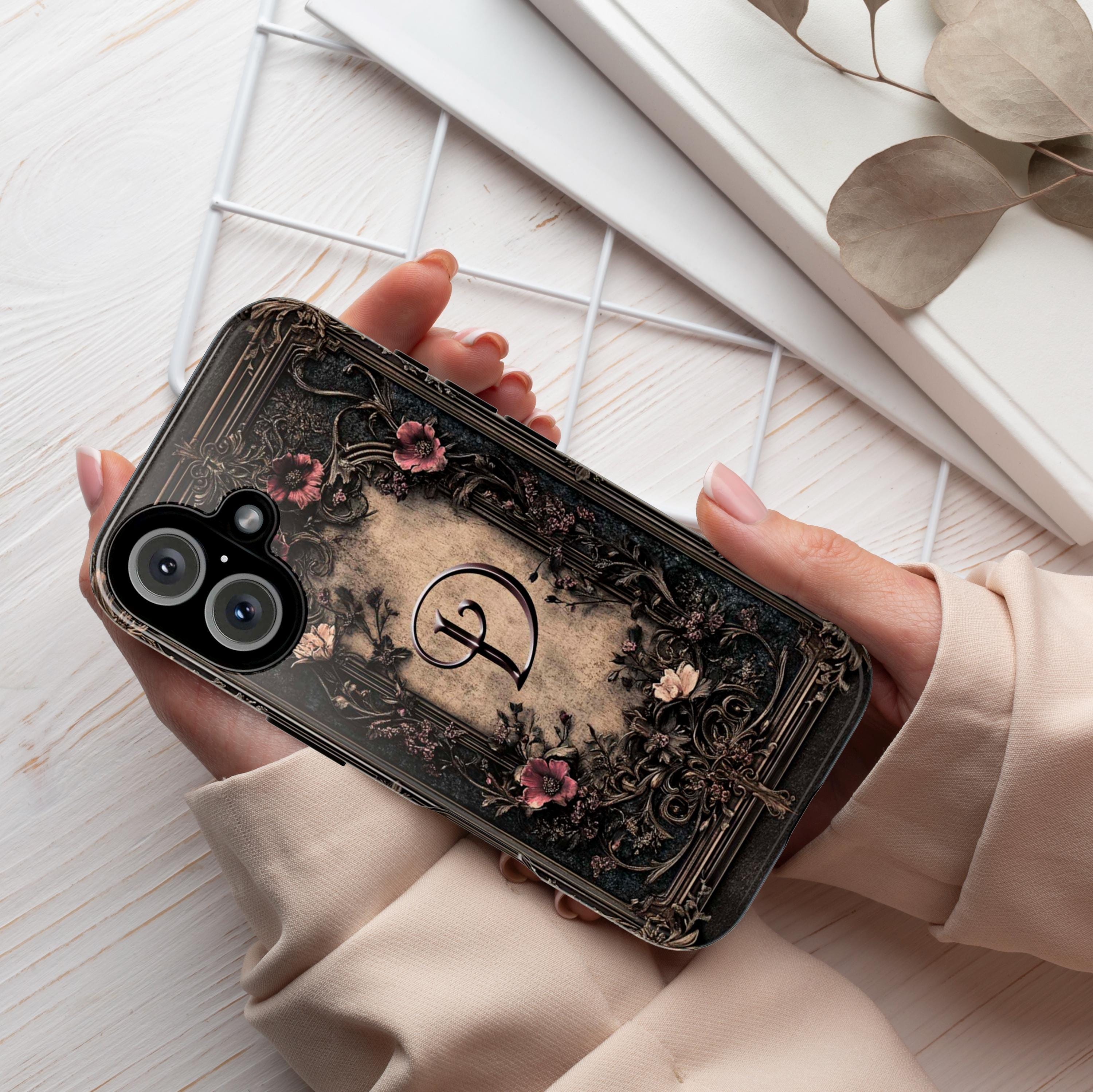 Dark Gothic Floral 3D effect Phone Case, Personalized Monogrammed Cover, Elegant Baroque Flower Design for iPhone 16, Samsung, Pixel, 463.5