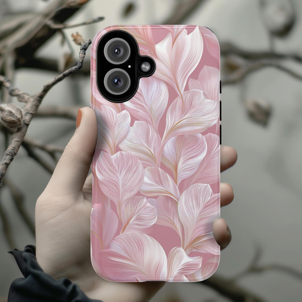 Elegant 3D Pastel Leaves Phone Case in Pale Pink | Stylish Nature Floral Phone Cover for iPhone 16 15 Tough or Magsafe, Samsung, 476.35