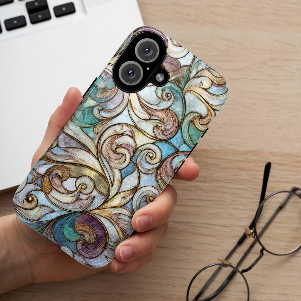 Pastel Abstract Phone Case with Elegant Pattern, Stained Glass Style, Artistic Phone Cover for iPhone MagSafe and Tough Case, Samsung, 478.9