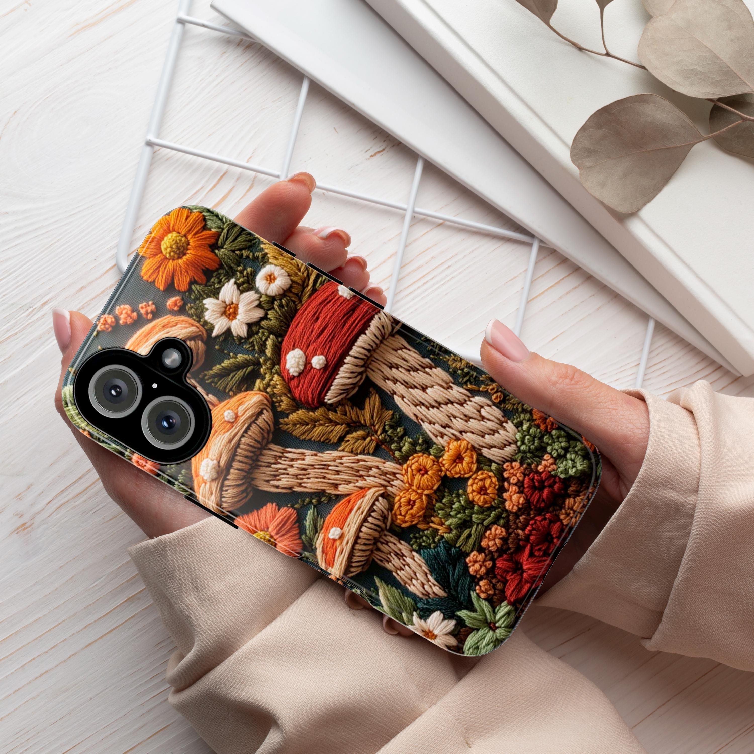 Embroidered Autumn Mushrooms Phone Case, Fall Forest MagSafe for iPhone 16 15 14 13 12 Pro Max Plus, Samsung S24 Ultra, Pixel 8, 453.4