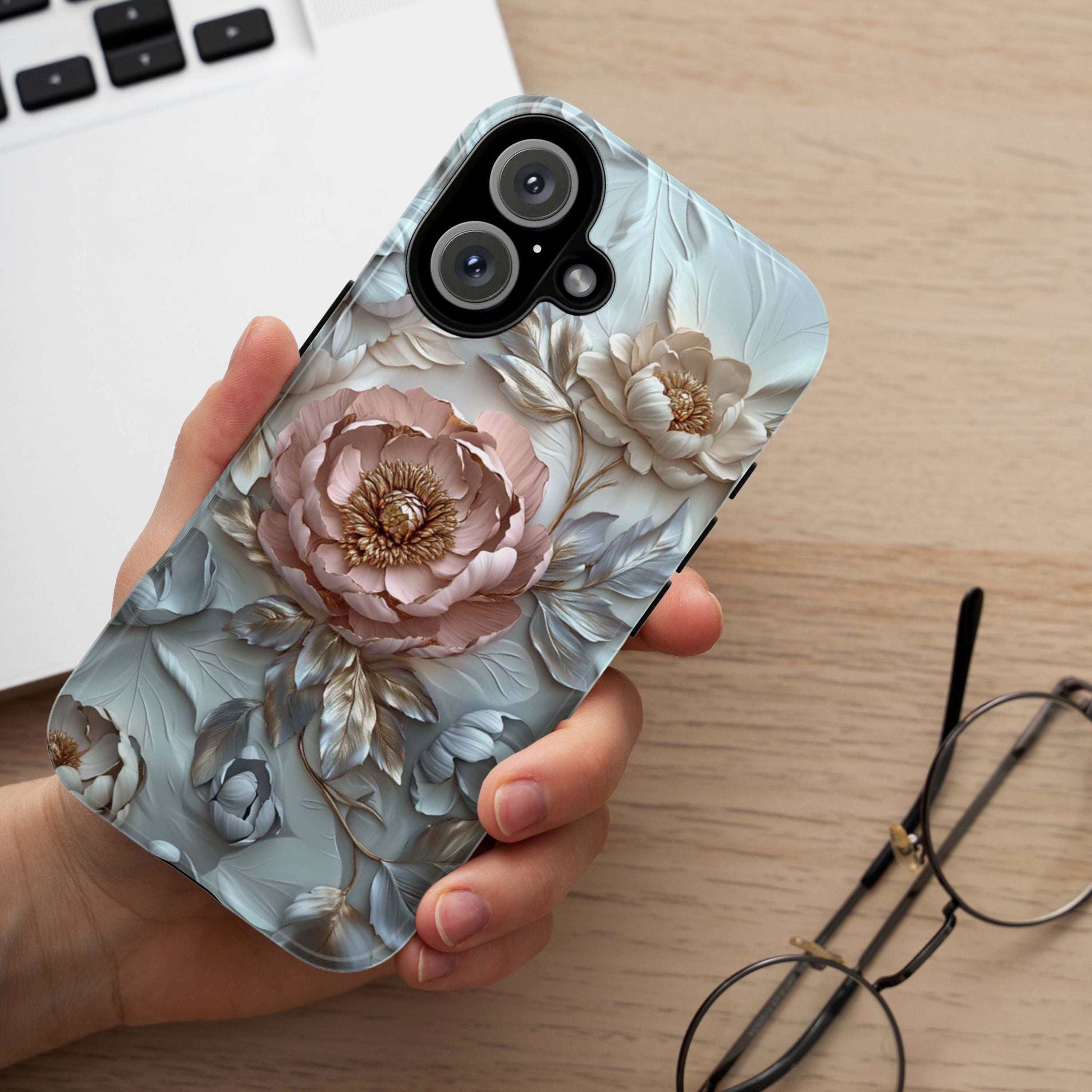 3D Pastel Peonies Flowers Phone Case, Boho Floral Artistic Protective Cover for iPhone 16, 15, 14, 13 Tough or Magsafe, Samsung, 439.36