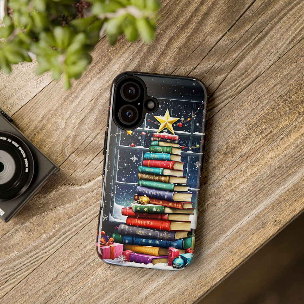 Christmas Tree with Books Holiday Phone Case, Elegant Winter Snowy Scenet Case for iPhone 16 Pro Max 15 14 Plus, Samsung S25, 431.1