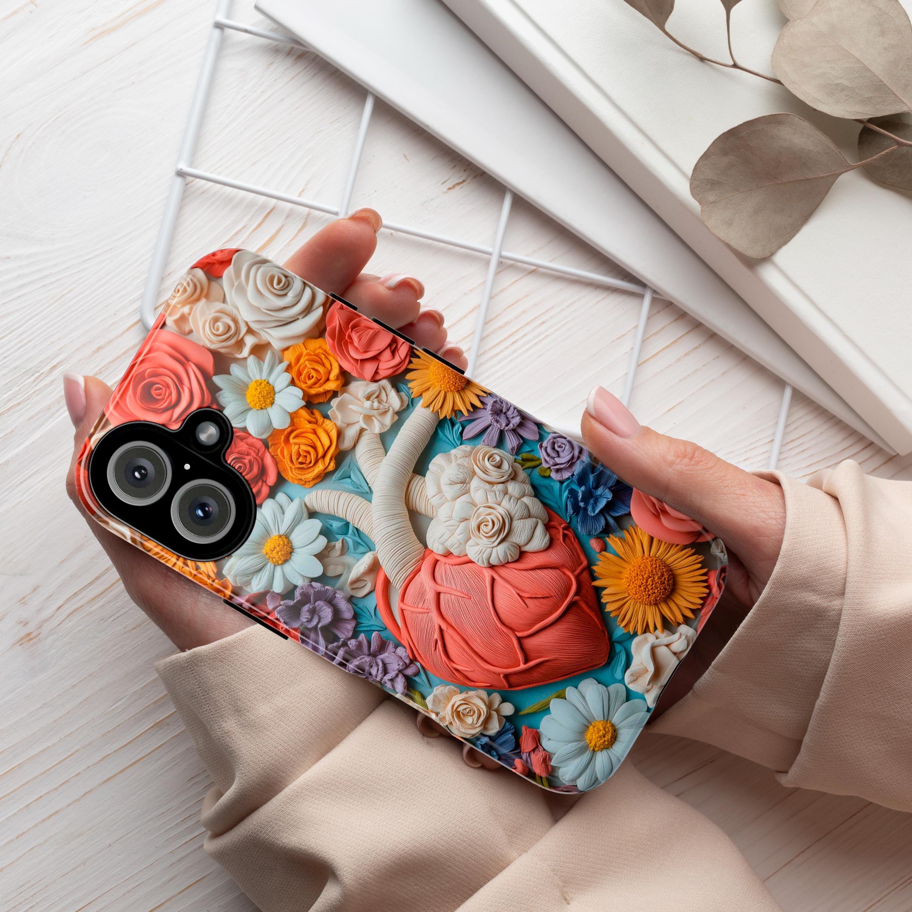 3D Floral Anatomy Heart Phone Case, Anatomical Art Design, Floral Human Cover for iPhone 16 15 14 13 Magsafe or Tough Case, Galaxy, 435.1